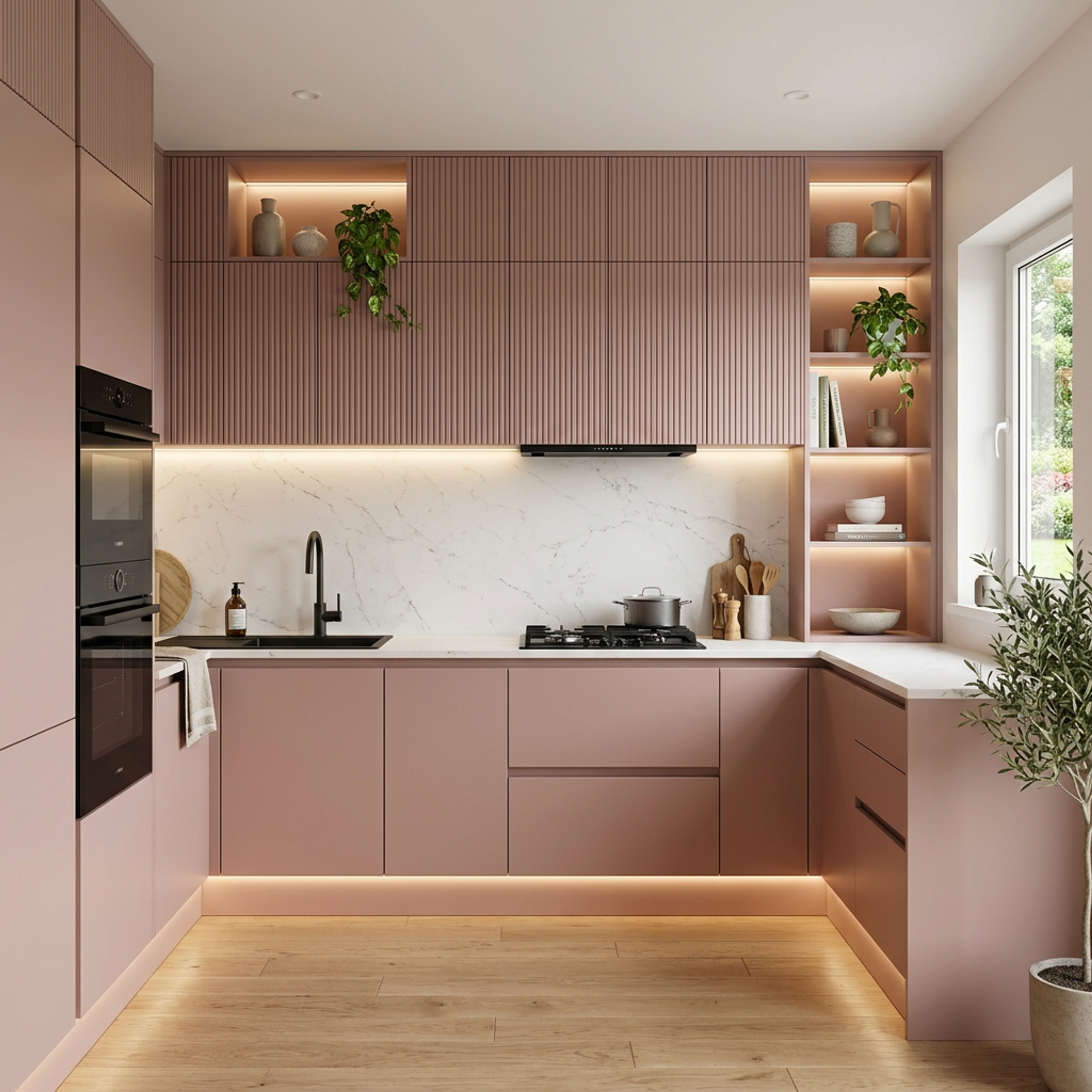 U Shaped Kitchen Design with Pink Ribbed Cabinets and Marble Backsplash