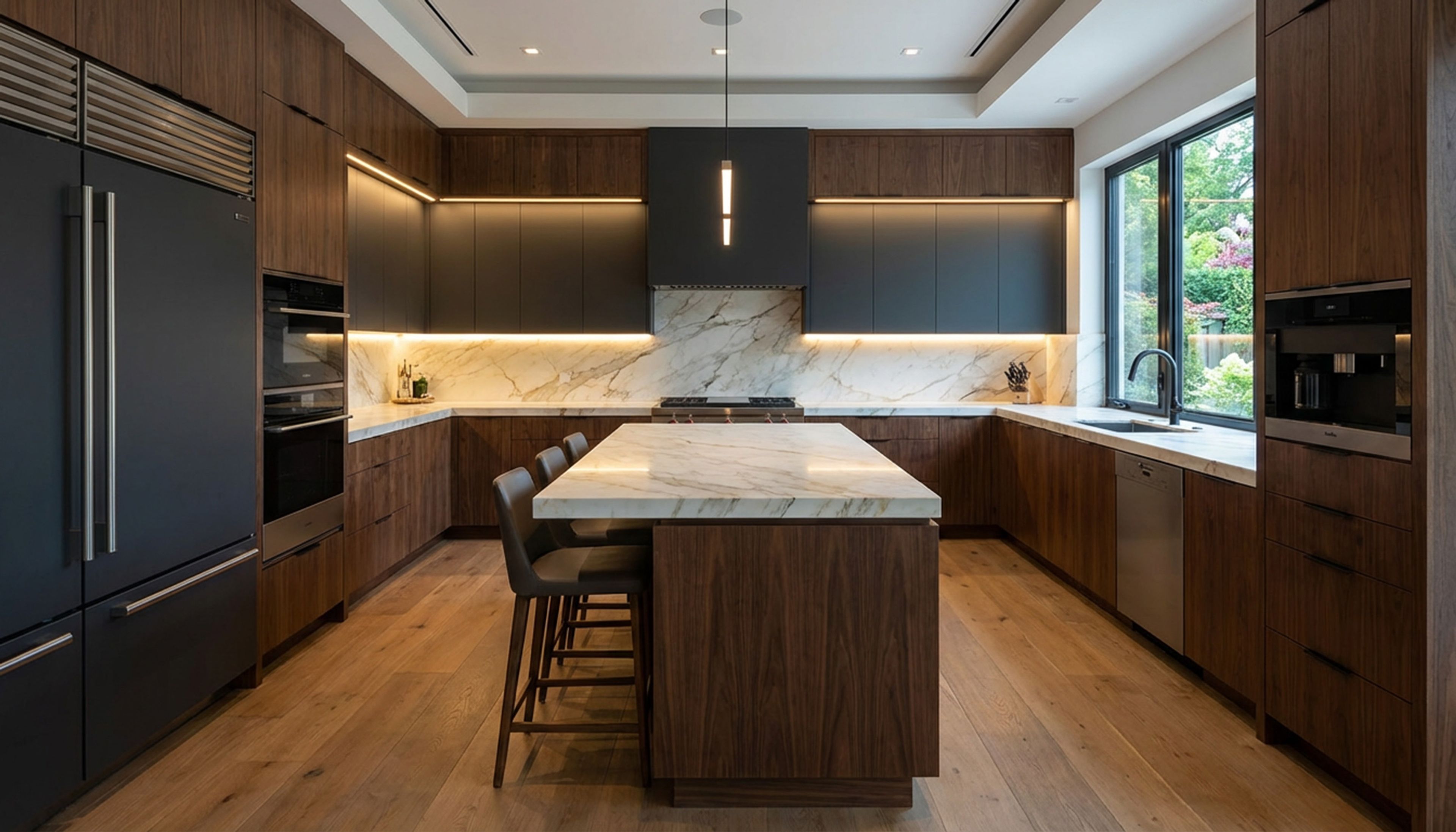 Contemporary Walnut and Slate Kitchen Design with Island Layout and Quartz Countertop
