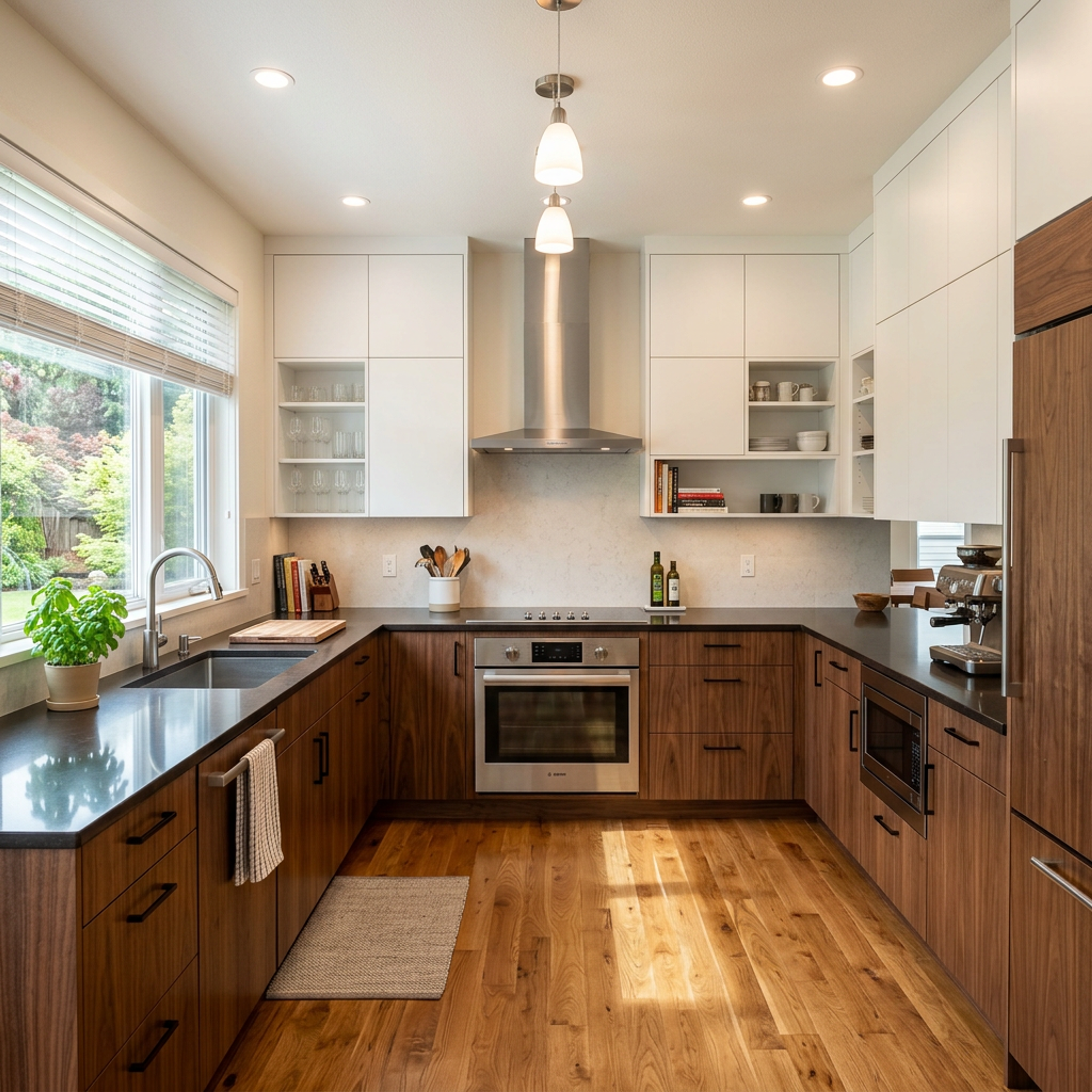 Contemporary Walnut Bronze and White U-Shaped Kitchen Design with Granite Countertop