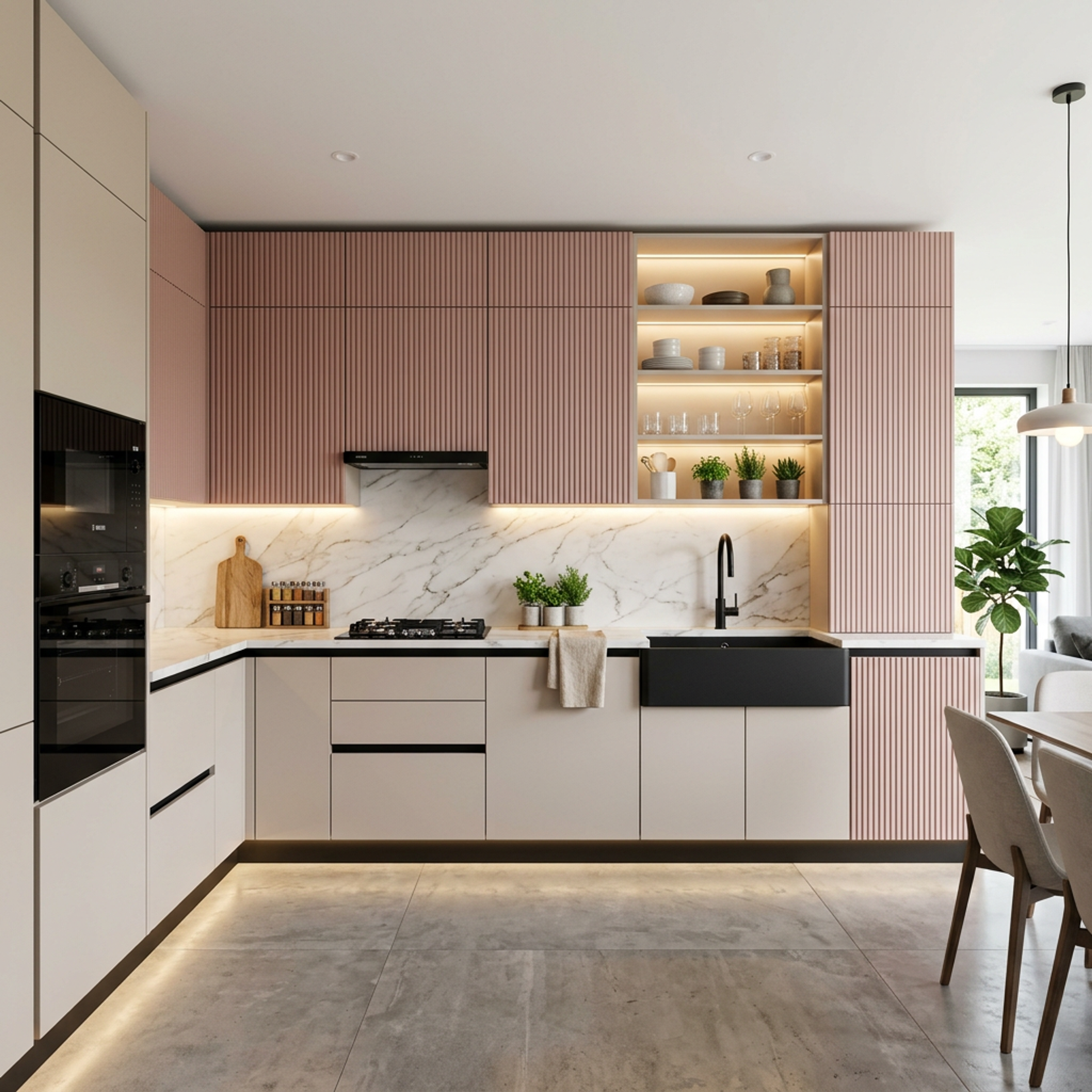 Modern L Shaped Kitchen Design with Light Beige and Pink Fluted Cabinets