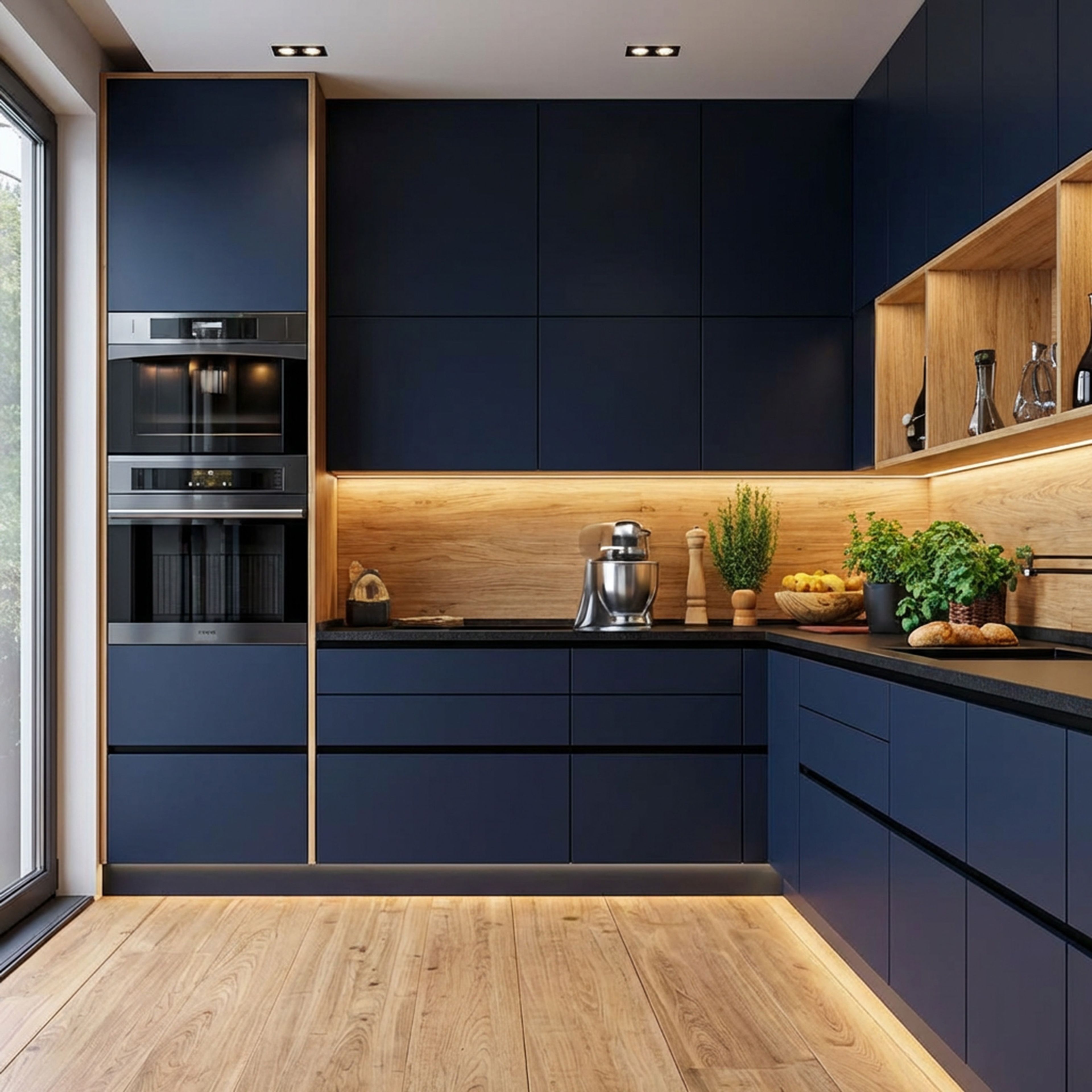 Modern L-Shaped Kitchen Design with Navy Blue and Oak Wood Storage