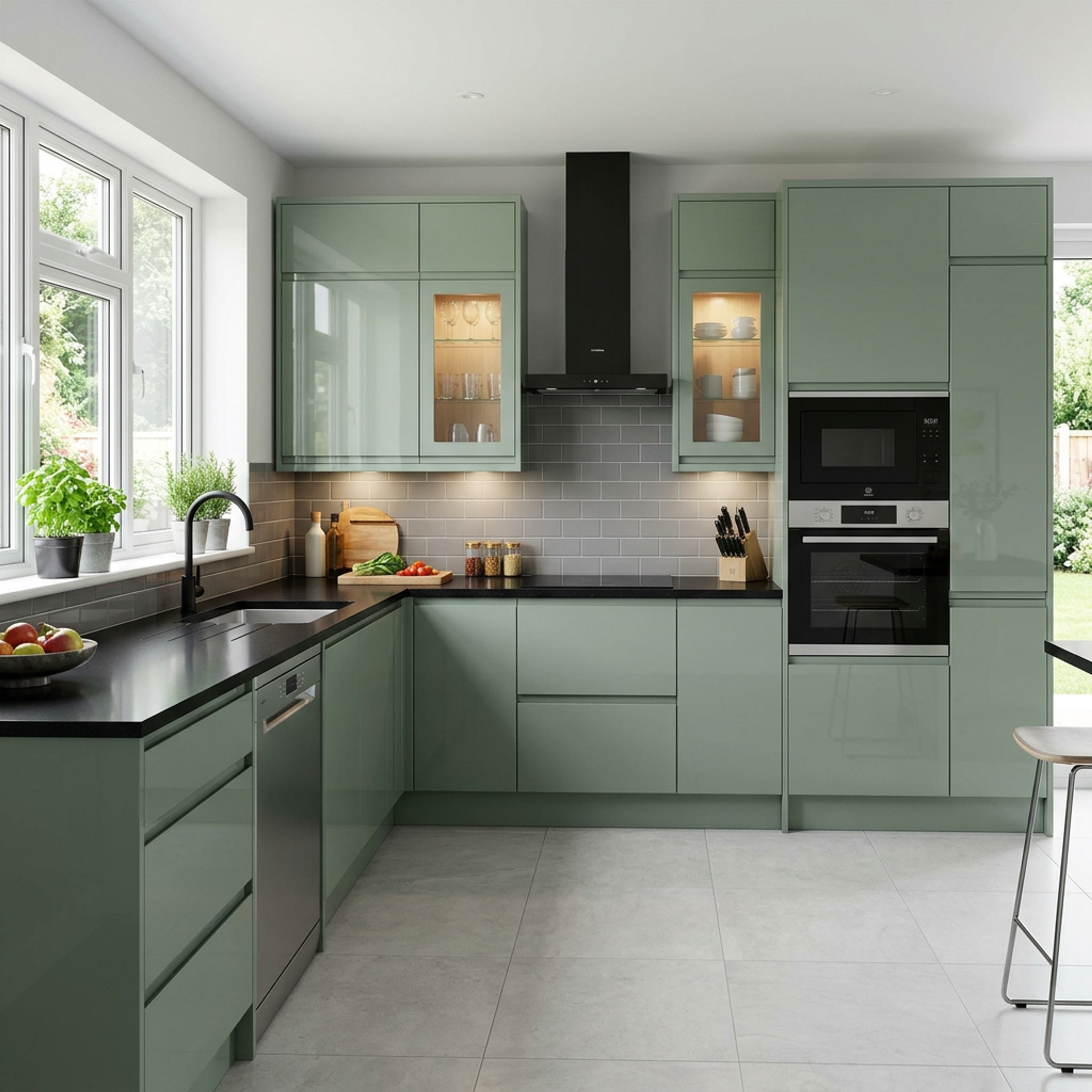 L Shaped Kitchen Design with Glossy Teal Green Cabinets