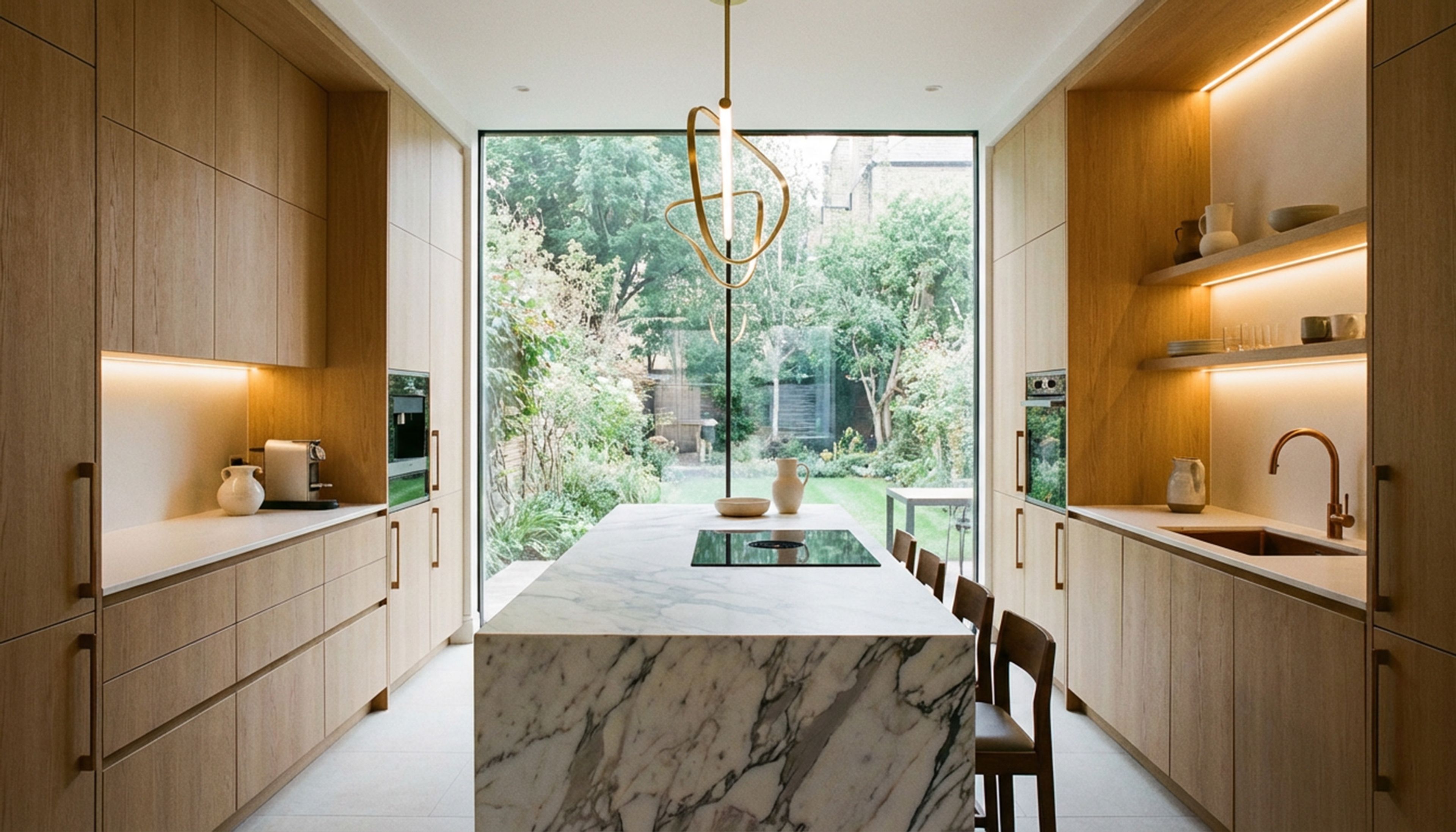 Modern Island Kitchen Design with Walnut Storage Cabinets and Quartz Countertop