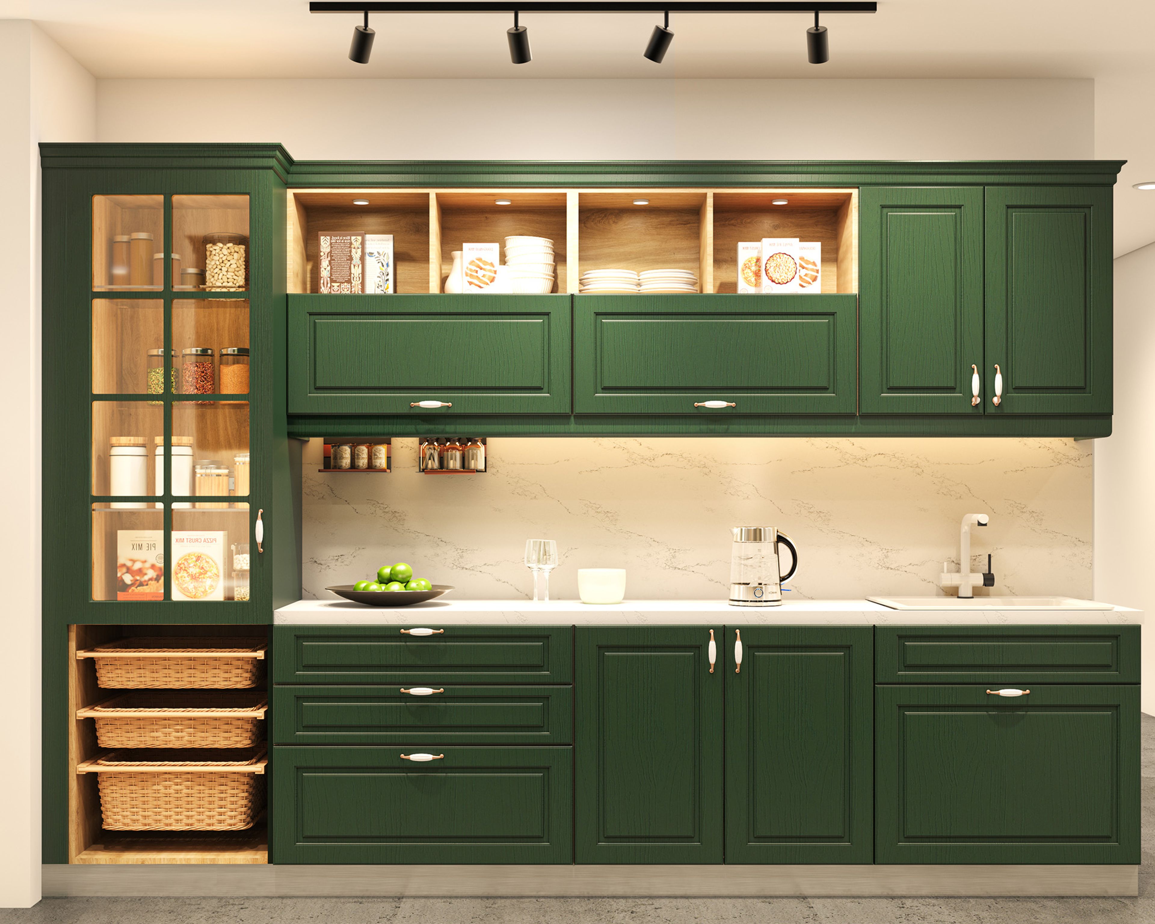 Parallel Kitchen Design with Forest Green Cabinetry and Quartz Countertops
