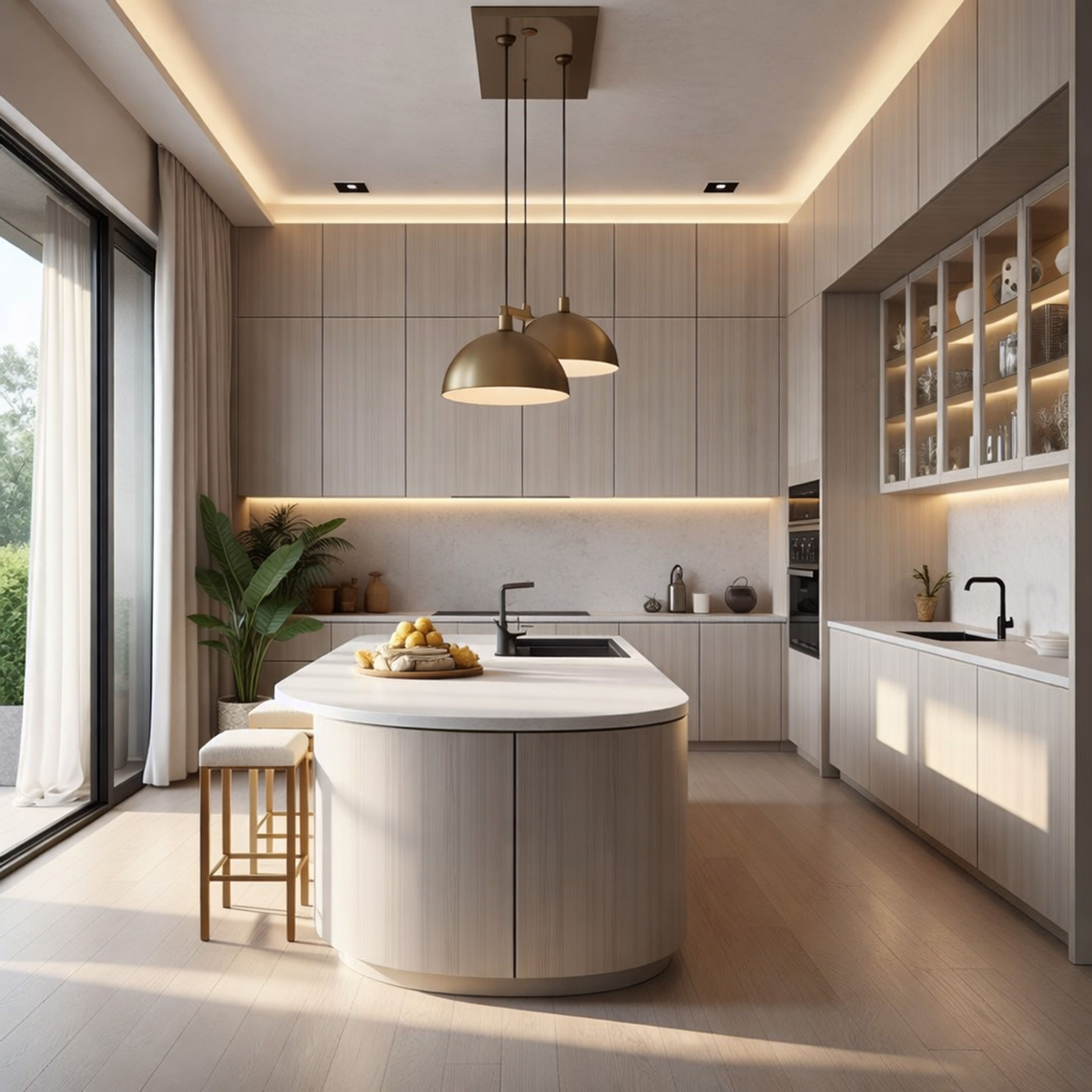 Contemporary Island Kitchen Design with Matte Finish Walnut Cabinets