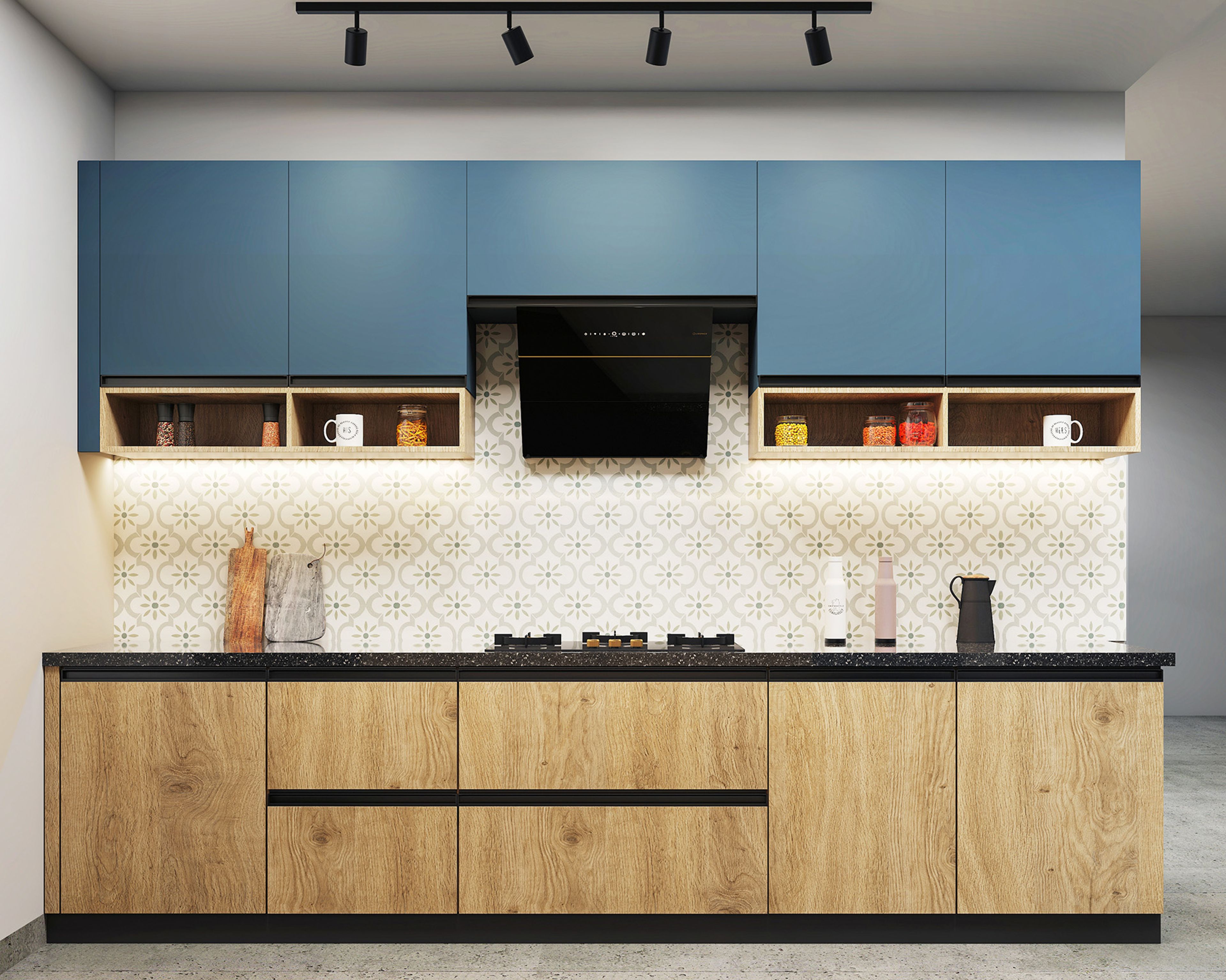 Blue and Natural Oak Parallel Kitchen Design with Granite Countertops