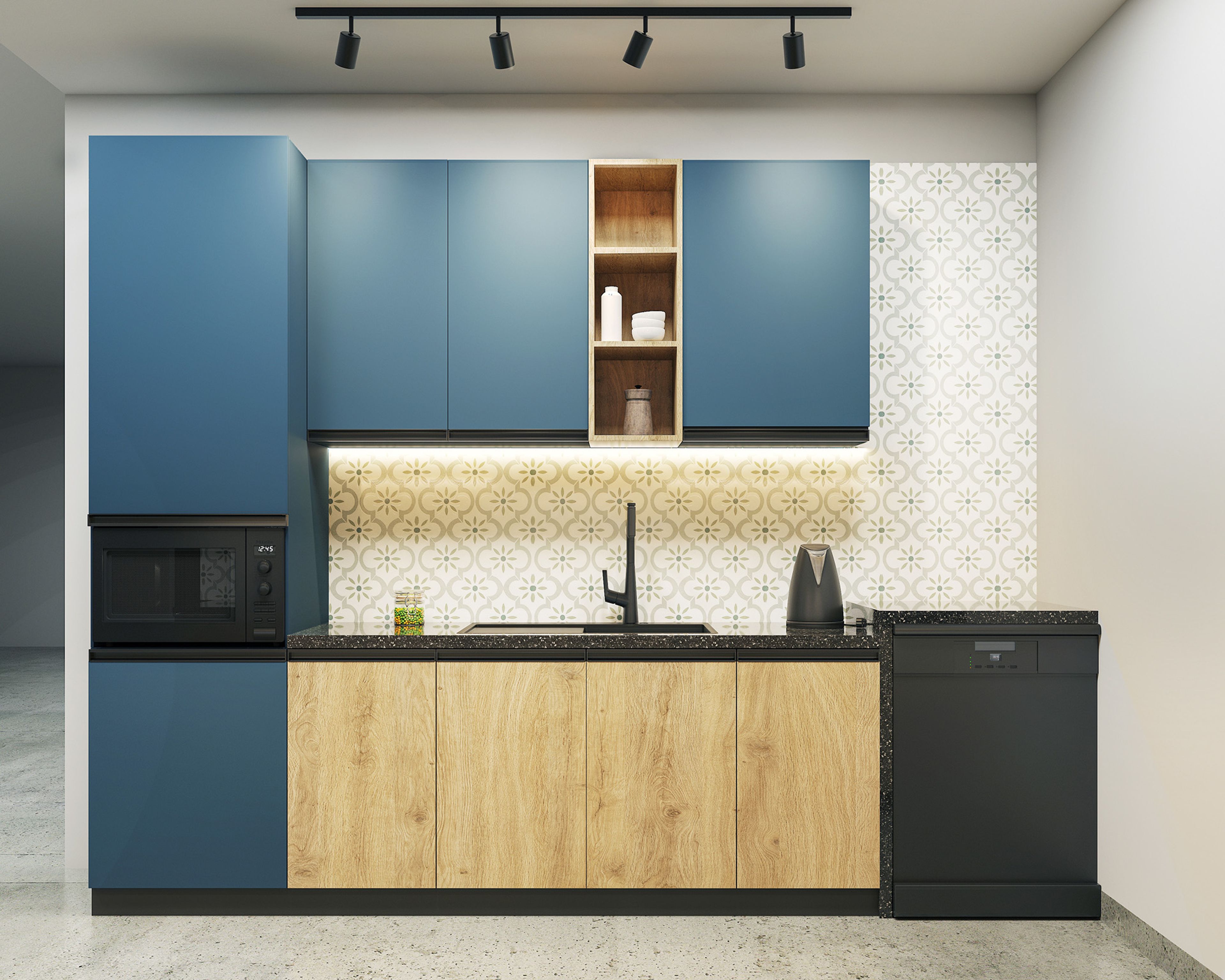 Blue and Natural Oak Parallel Kitchen Design with Granite Countertops