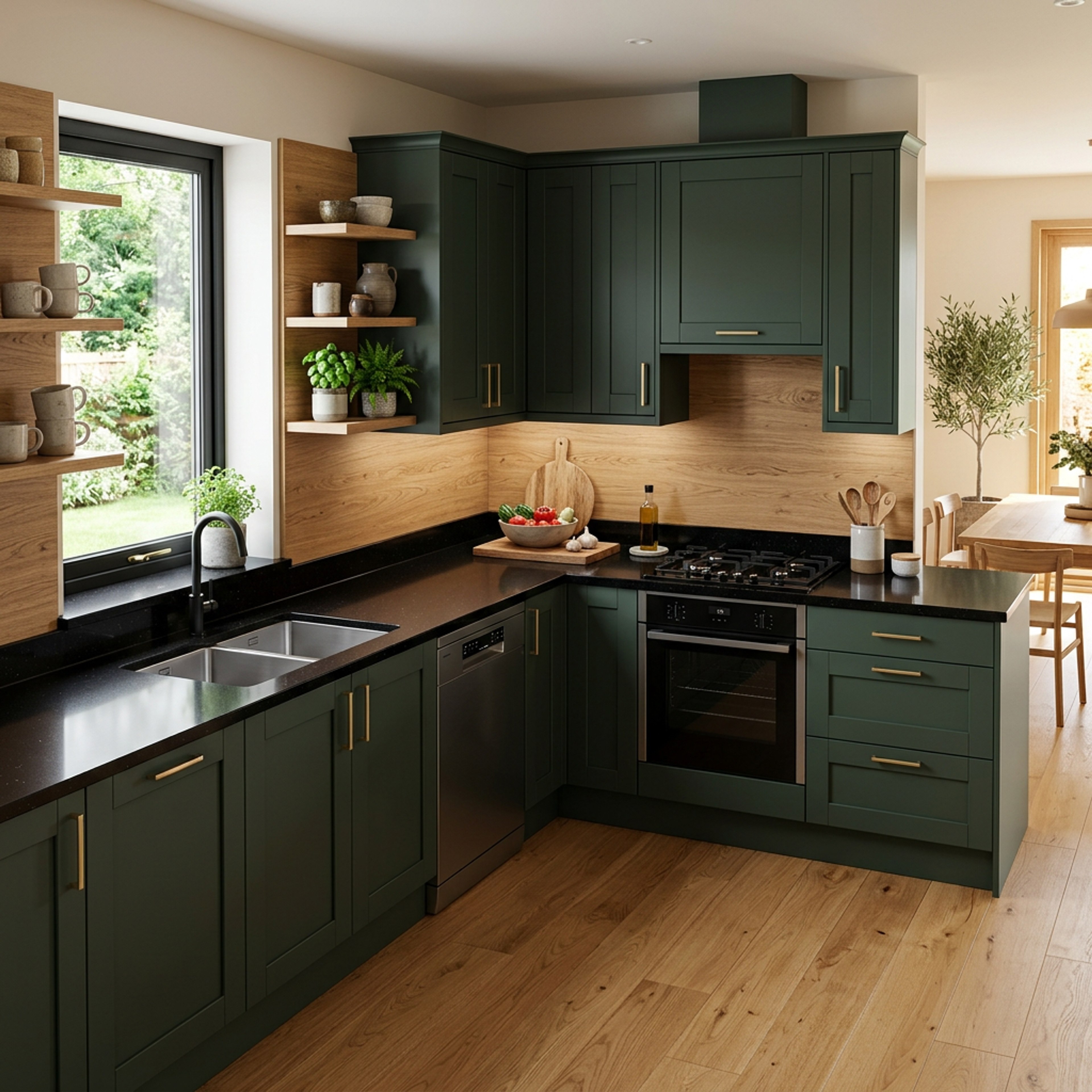 Classic L Shaped Kitchen Design with Dark Green Cabinets and Jet Black Granite