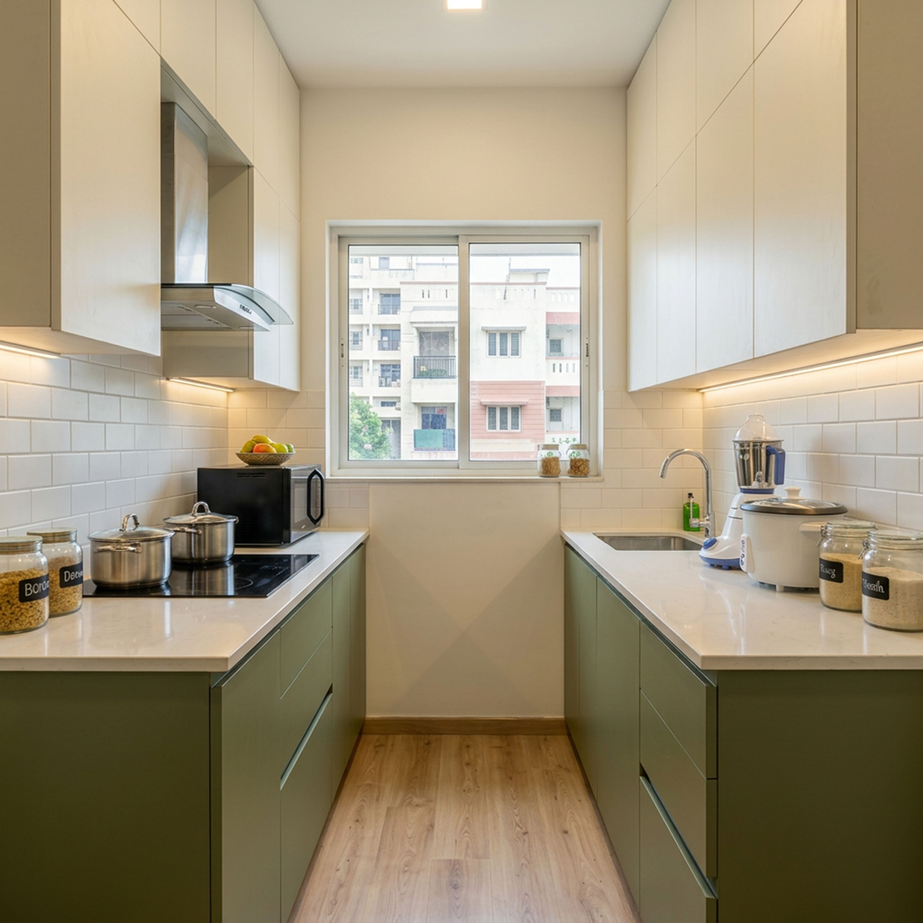 Modern Olive Green and Champagne Kitchen Design with Parallel Layout
