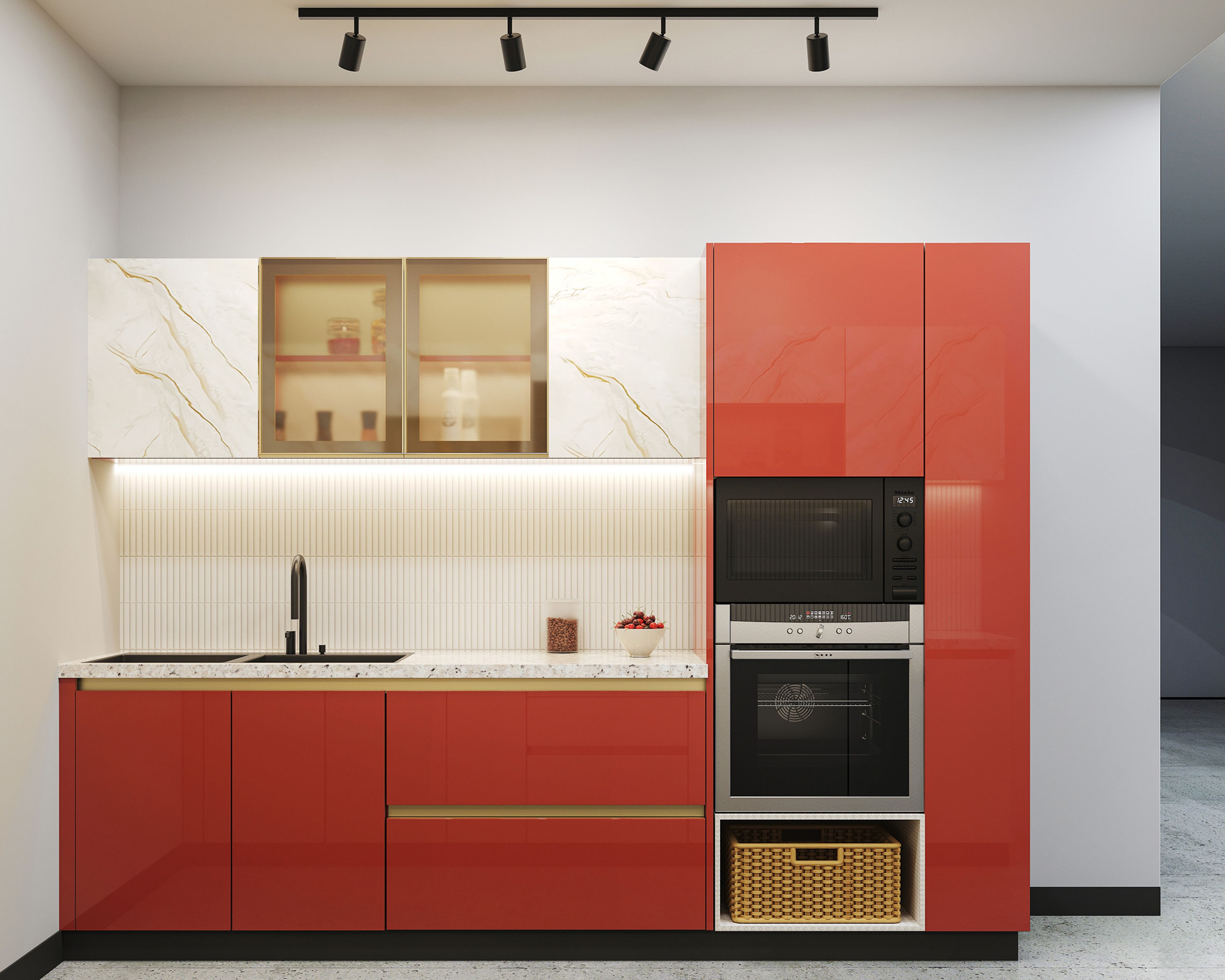 Parallel Kitchen Design with Glossy Orange Cabinets and Terrazzo Quartz