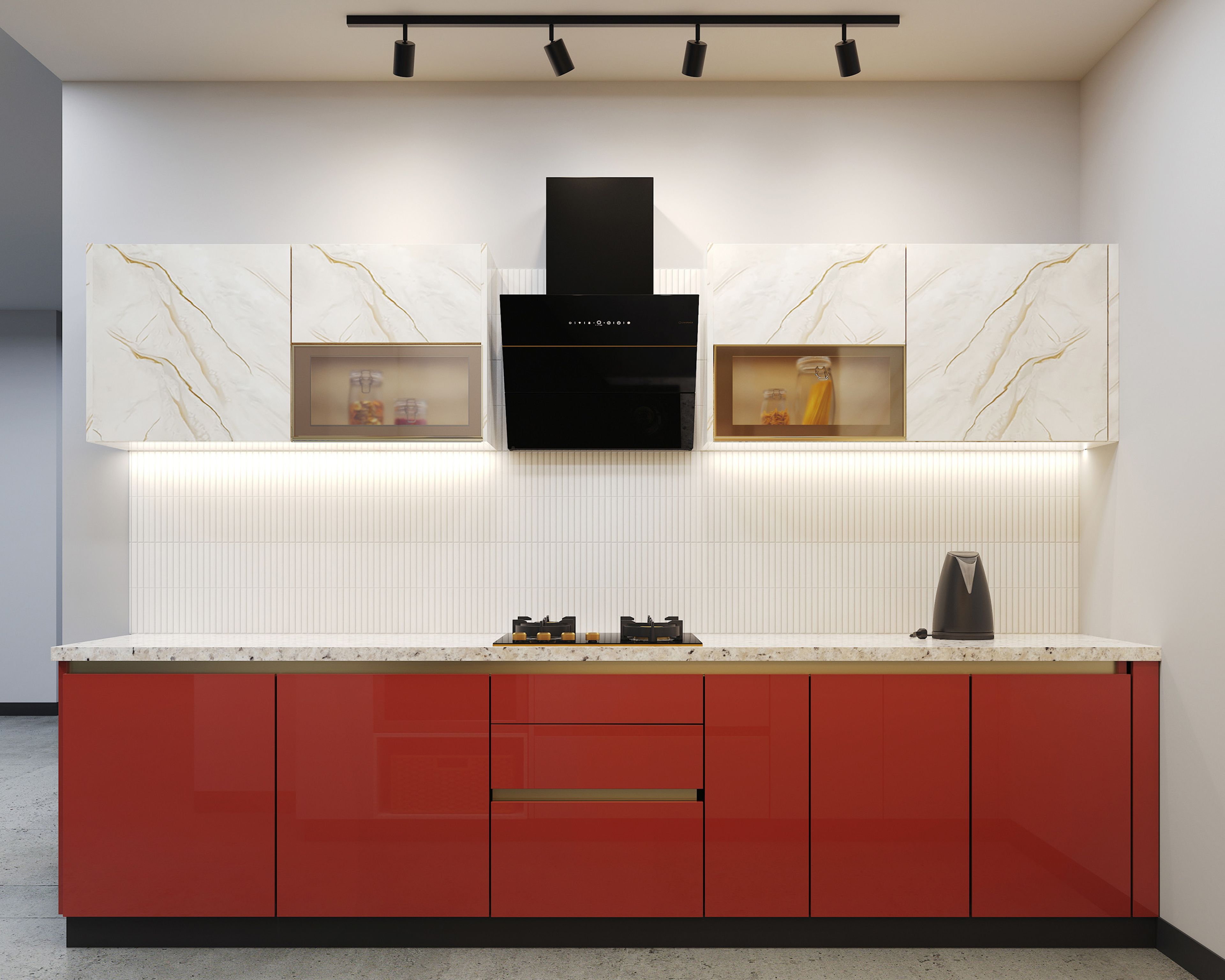 Parallel Kitchen Design with Glossy Orange Cabinets and Terrazzo Quartz