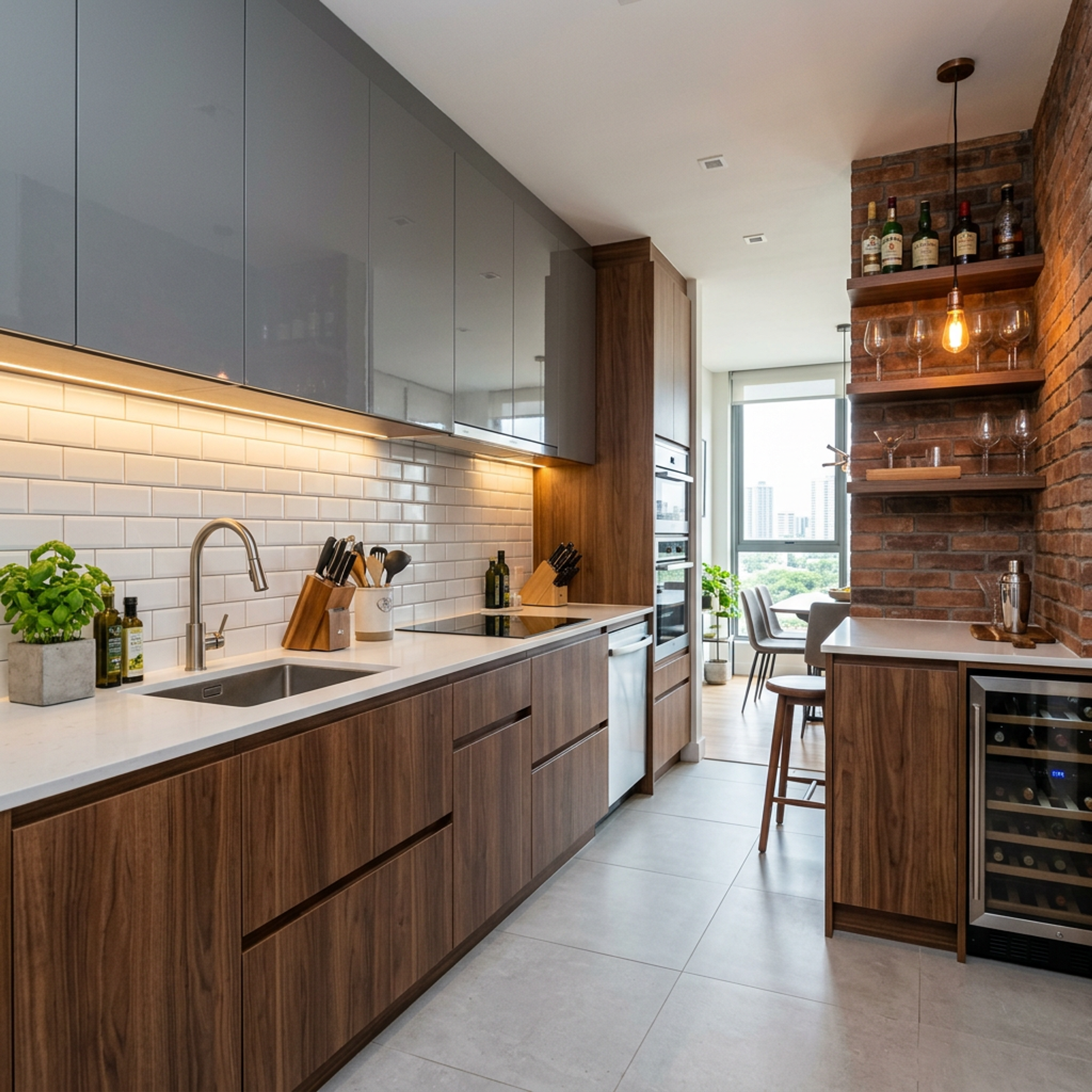 Modern Open Kitchen Design with Walnut and Glossy Grey Cabinets