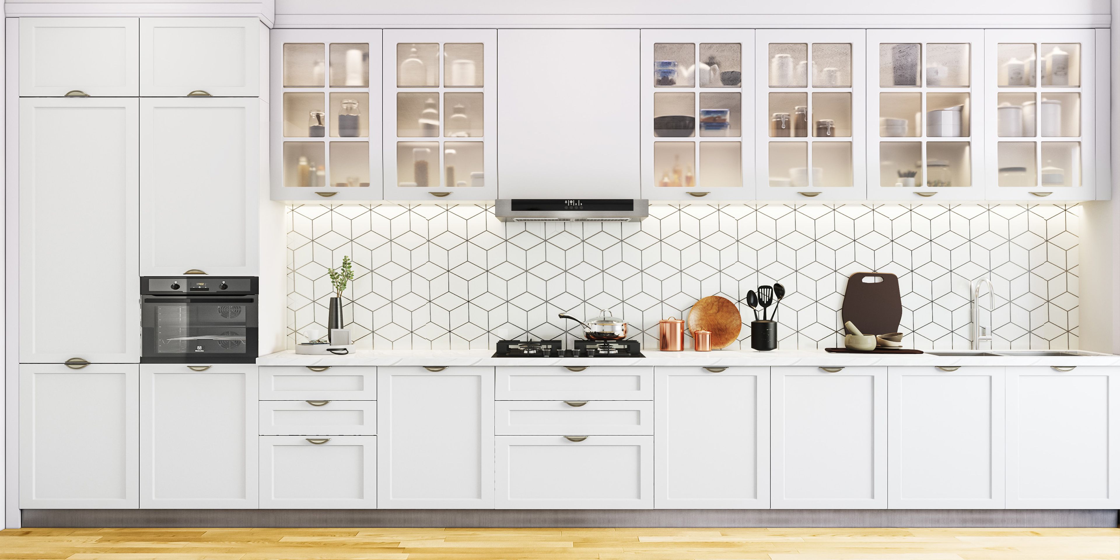 Straight Kitchen Design with Off White Cabinets and Brass Handles