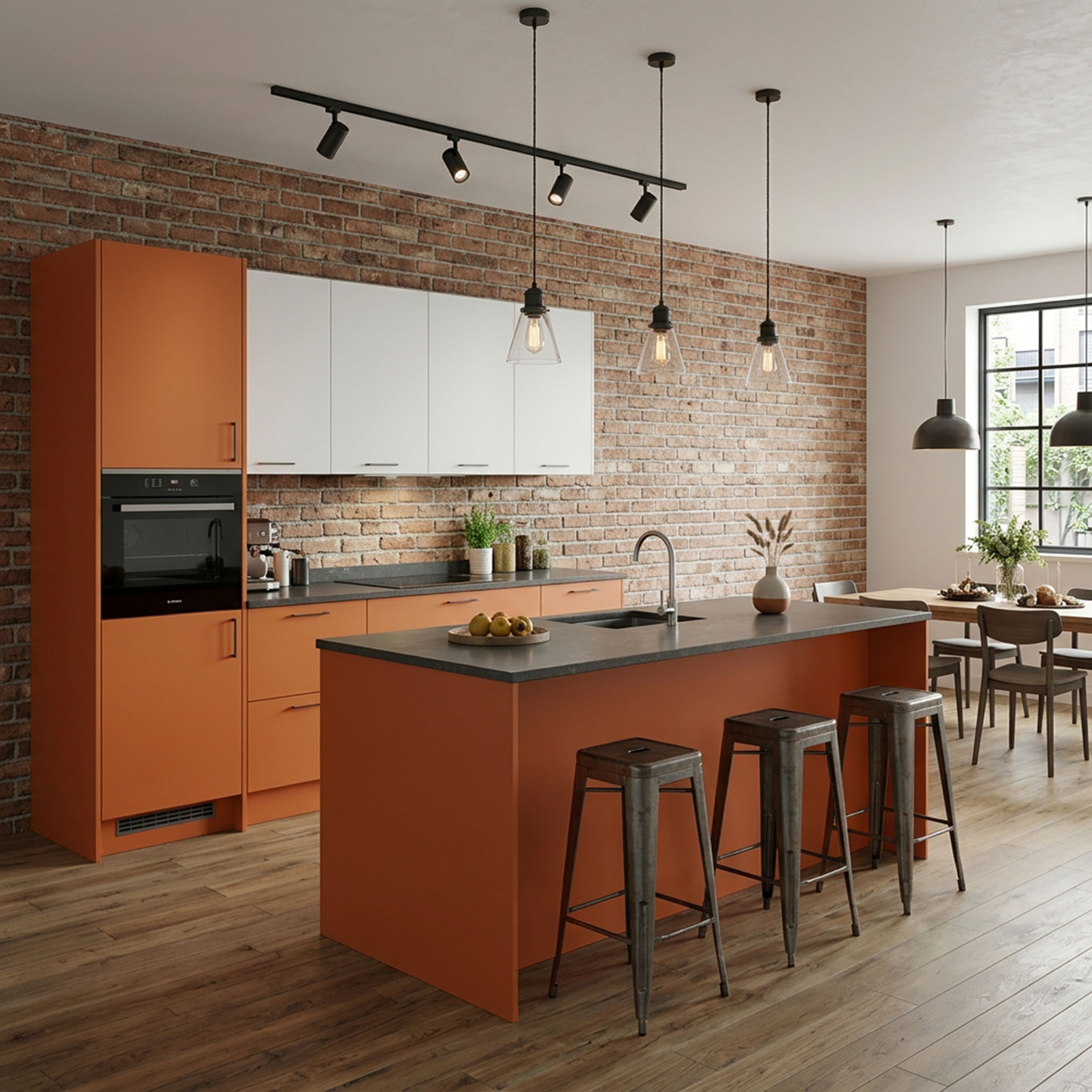 Industrial Orange and White Kitchen Design with Island Layout and Brick Wall Feature