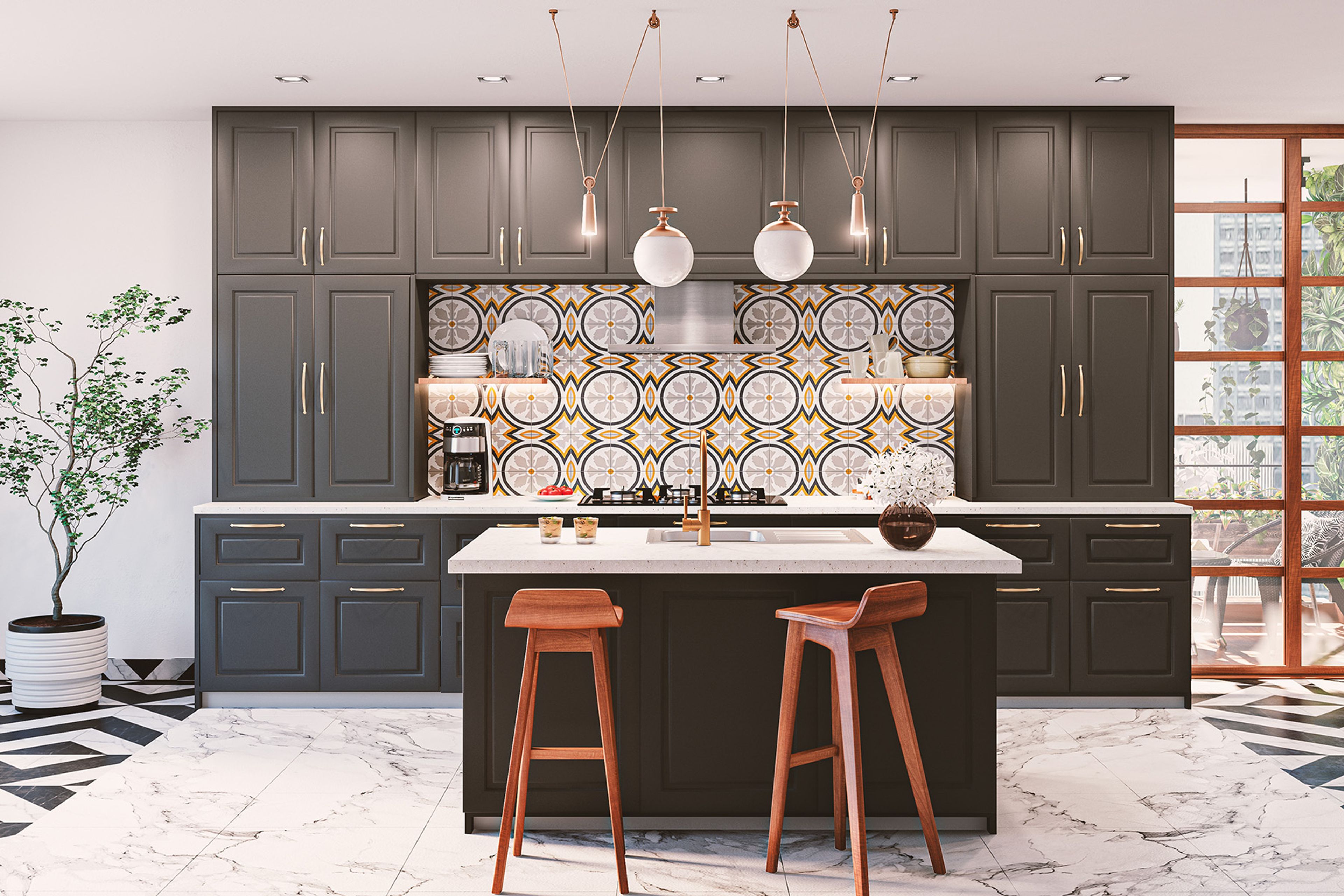 Island Kitchen Design with Charcoal Grey Cabinets and Gold Hardware