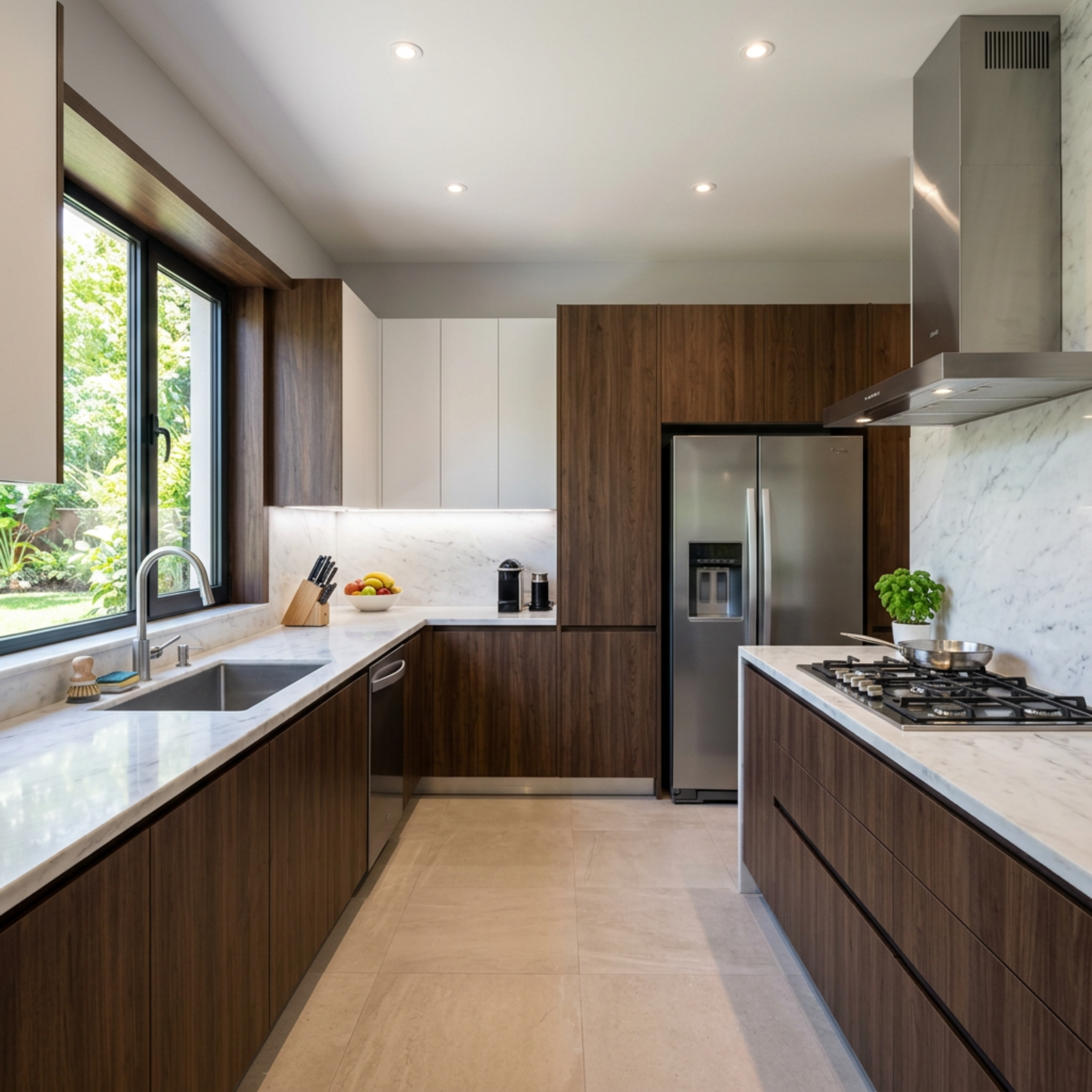 Walnut Bronze and White L Shaped Kitchen Design with Suede Cabinets