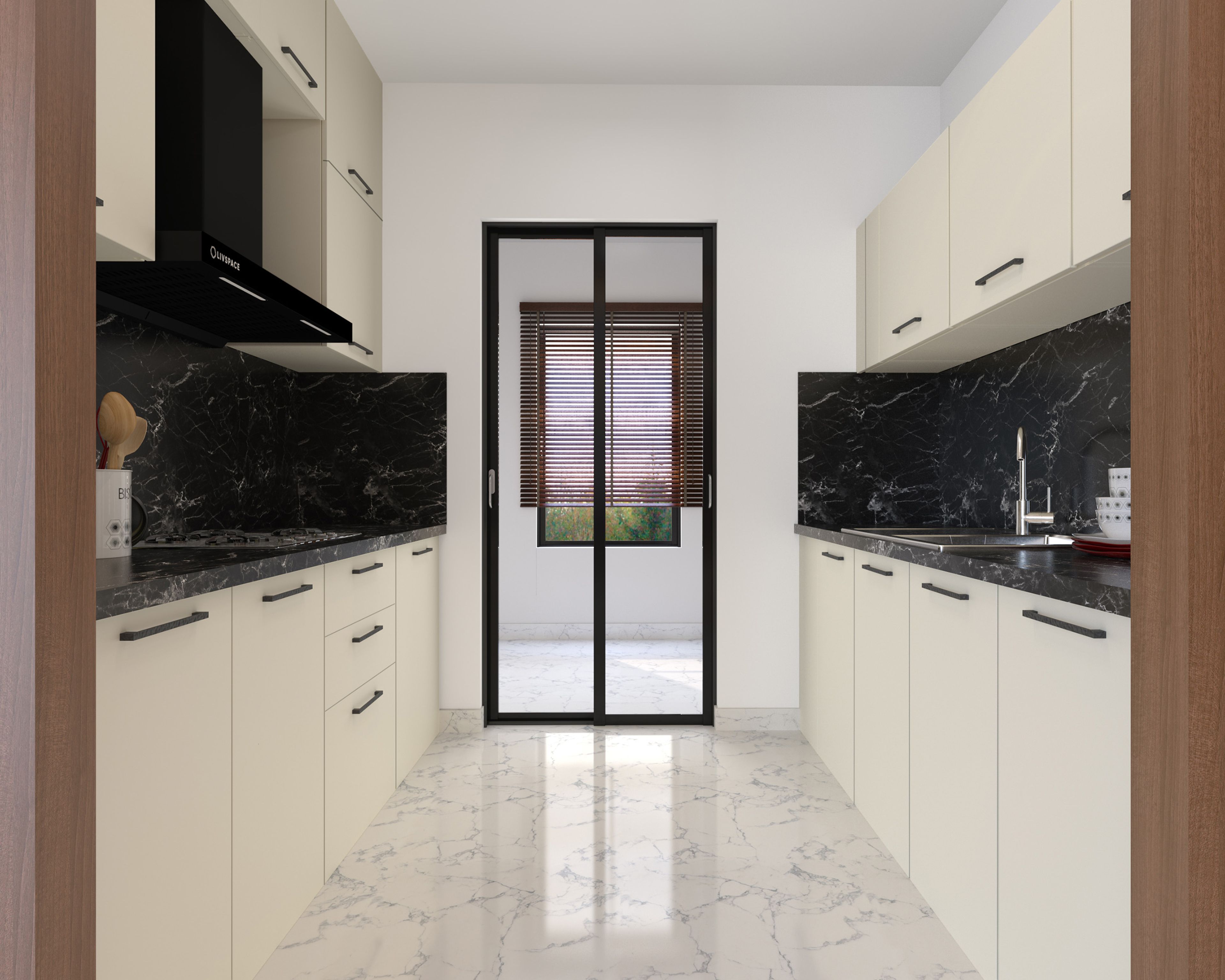 Parallel Kitchen Design with Champagne Cabinets and Granite Worktops