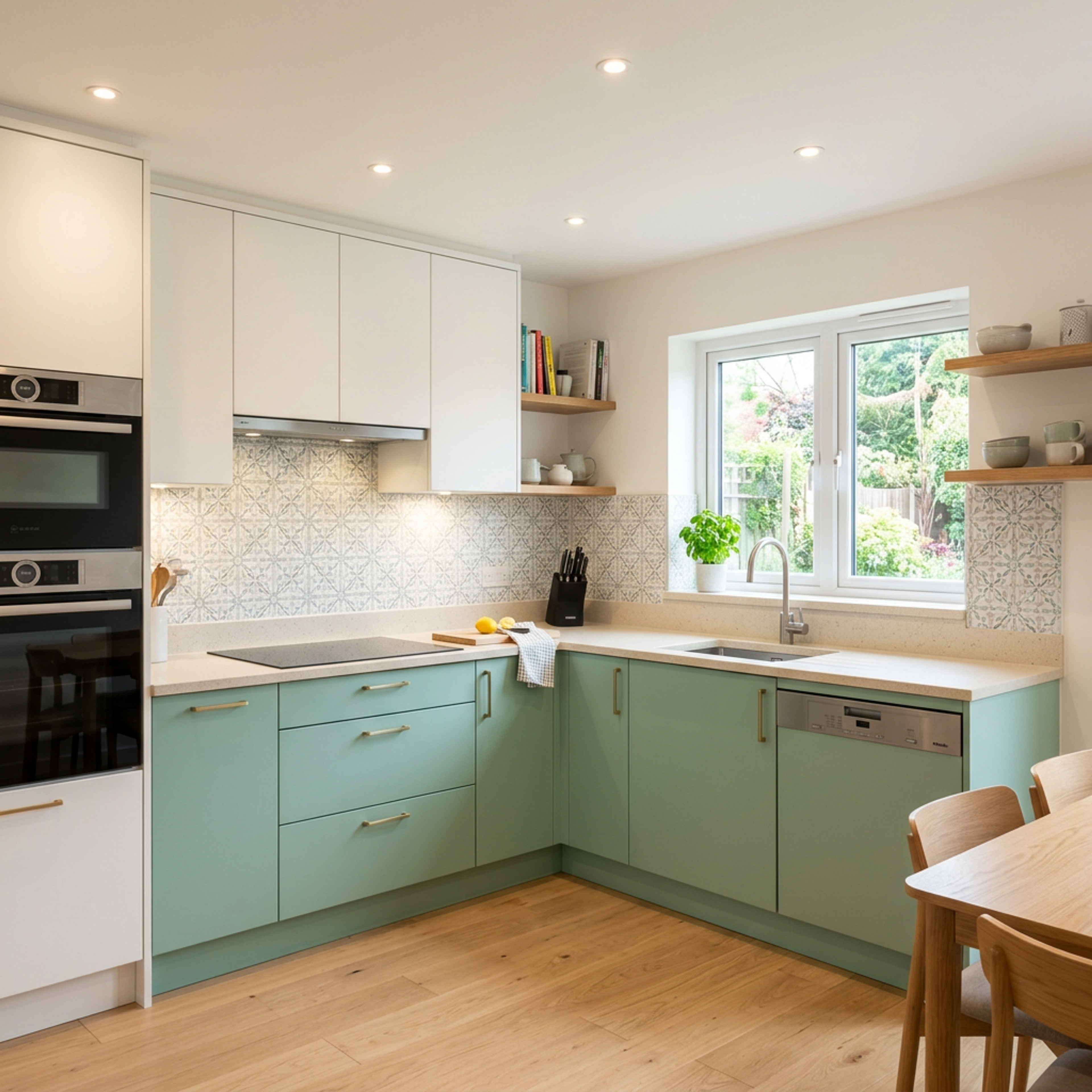 L Shaped Kitchen Design with Aqua Green and White Cabinets and Patterned Tiles