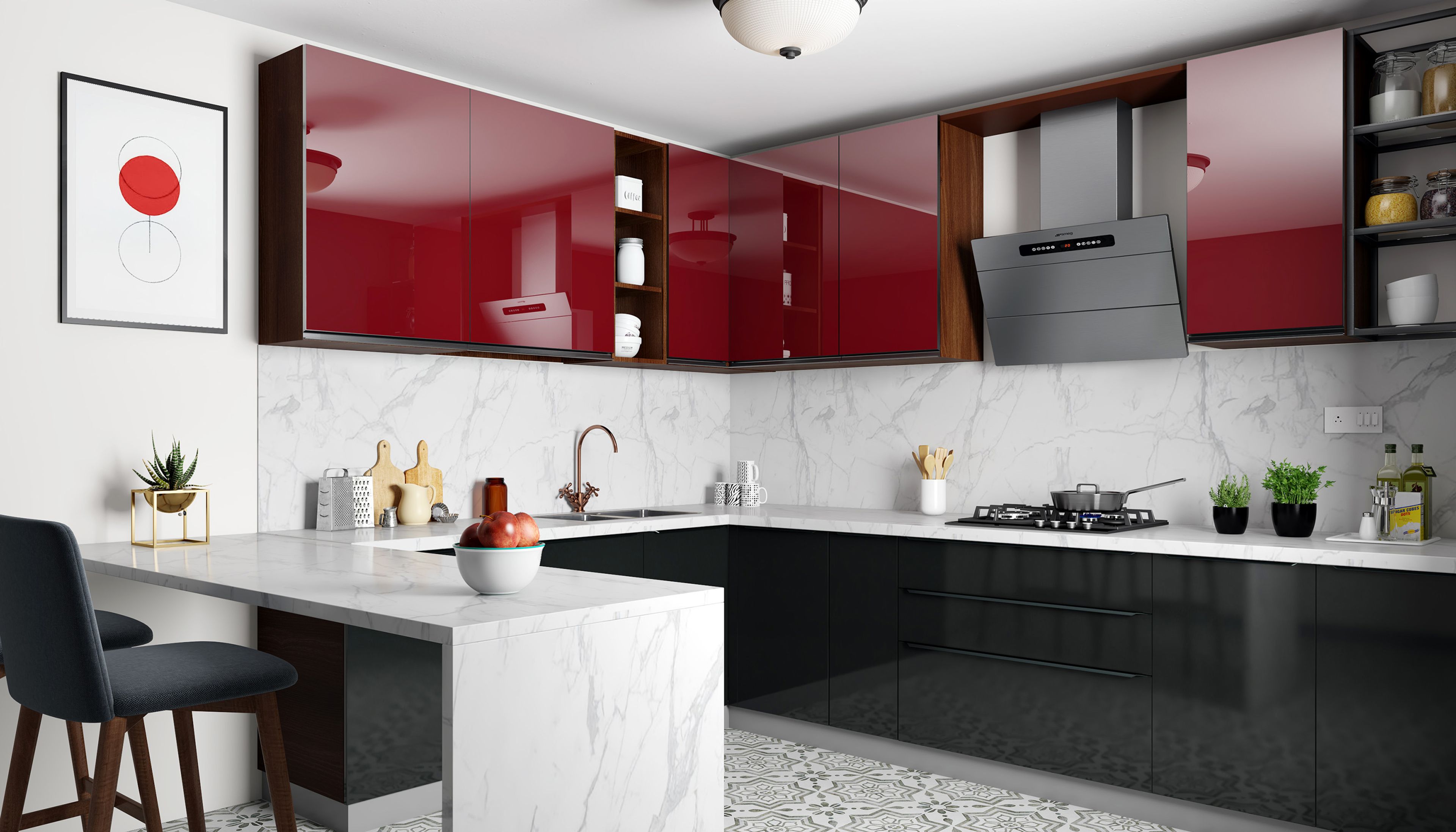L-Shaped with Peninsula Kitchen Design with Wine Red and Black Acrylic