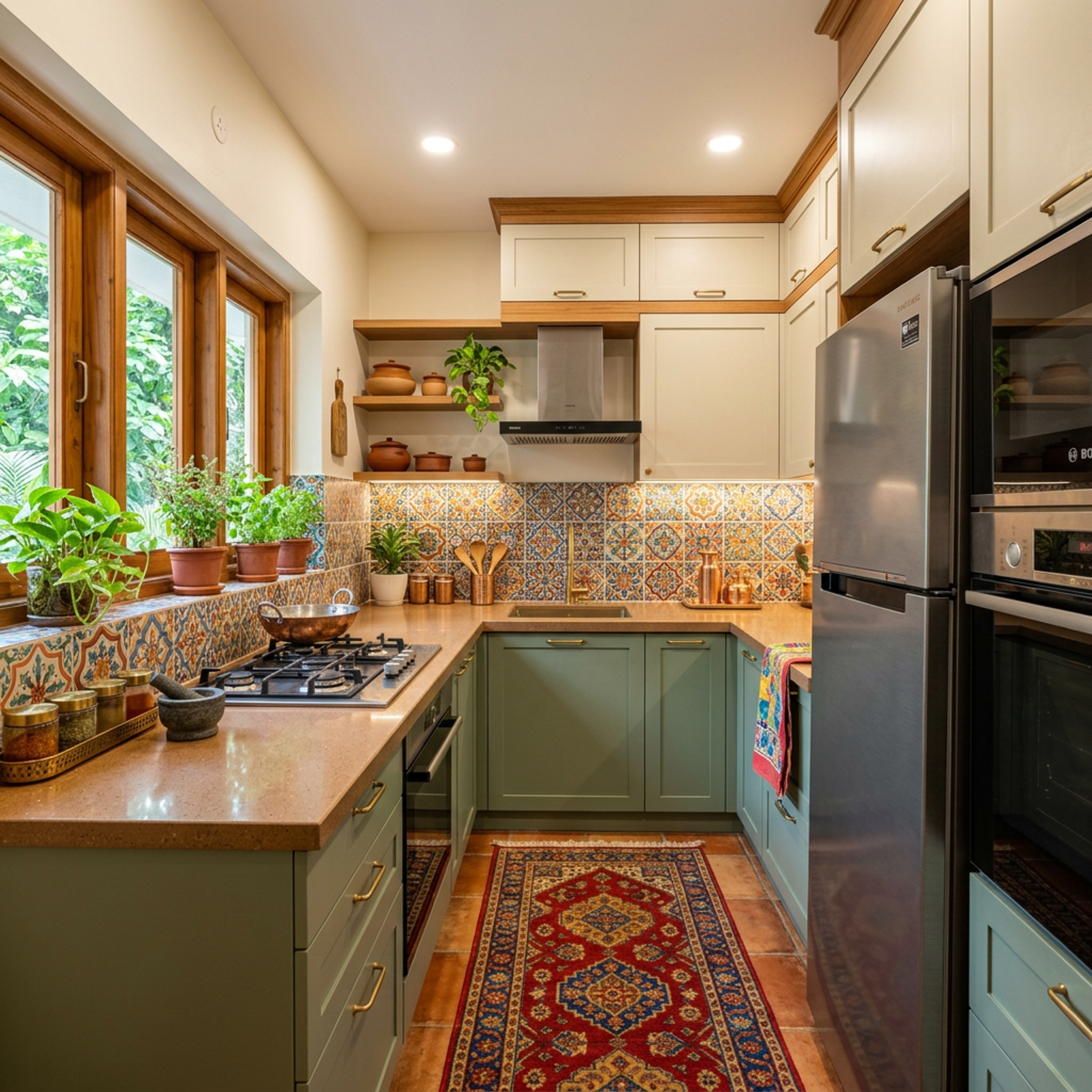 Sage Green and White Classic U-Shaped Kitchen Design with Patterned Tile Backsplash