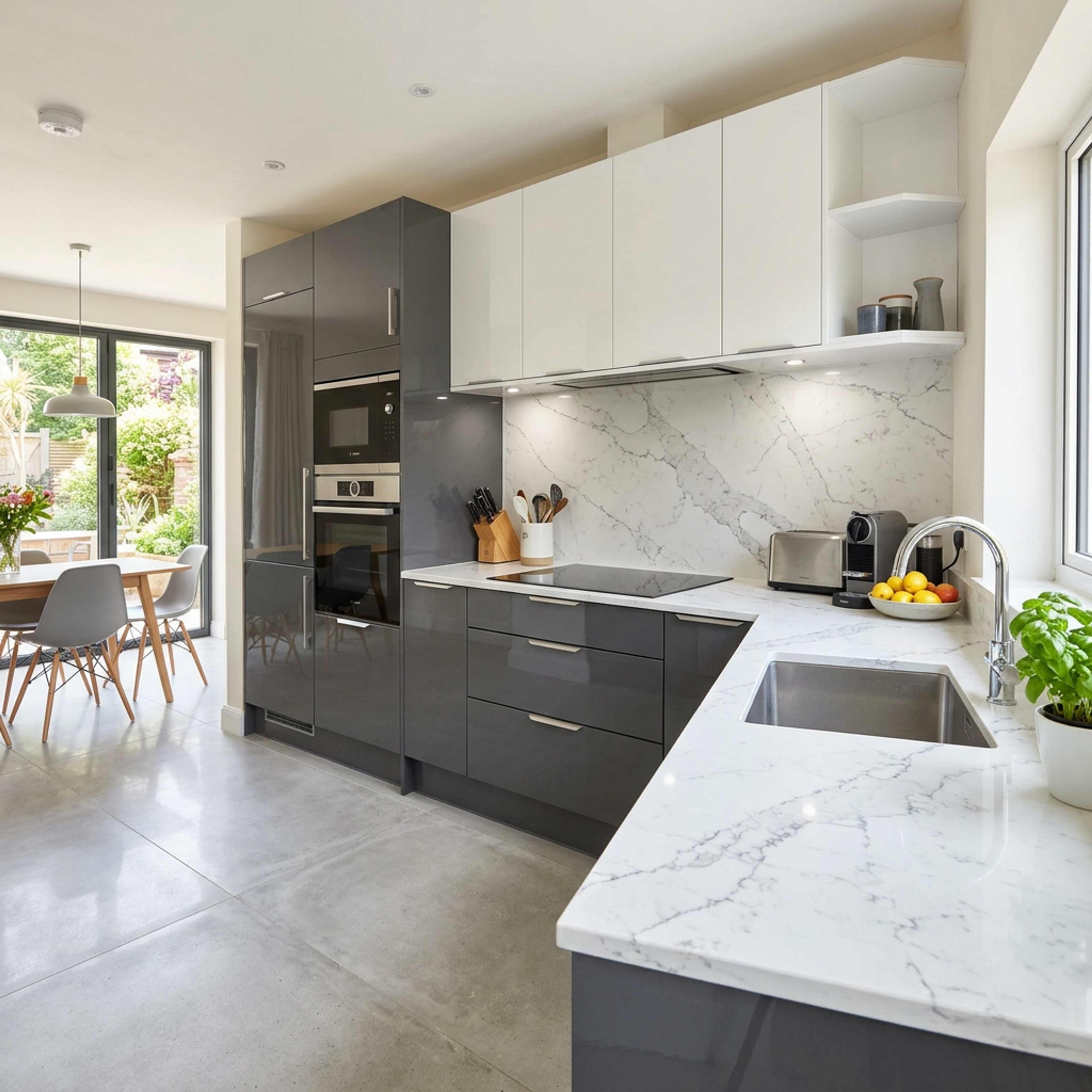 L Shaped Kitchen Design with Slate and Glossy White Cabinets