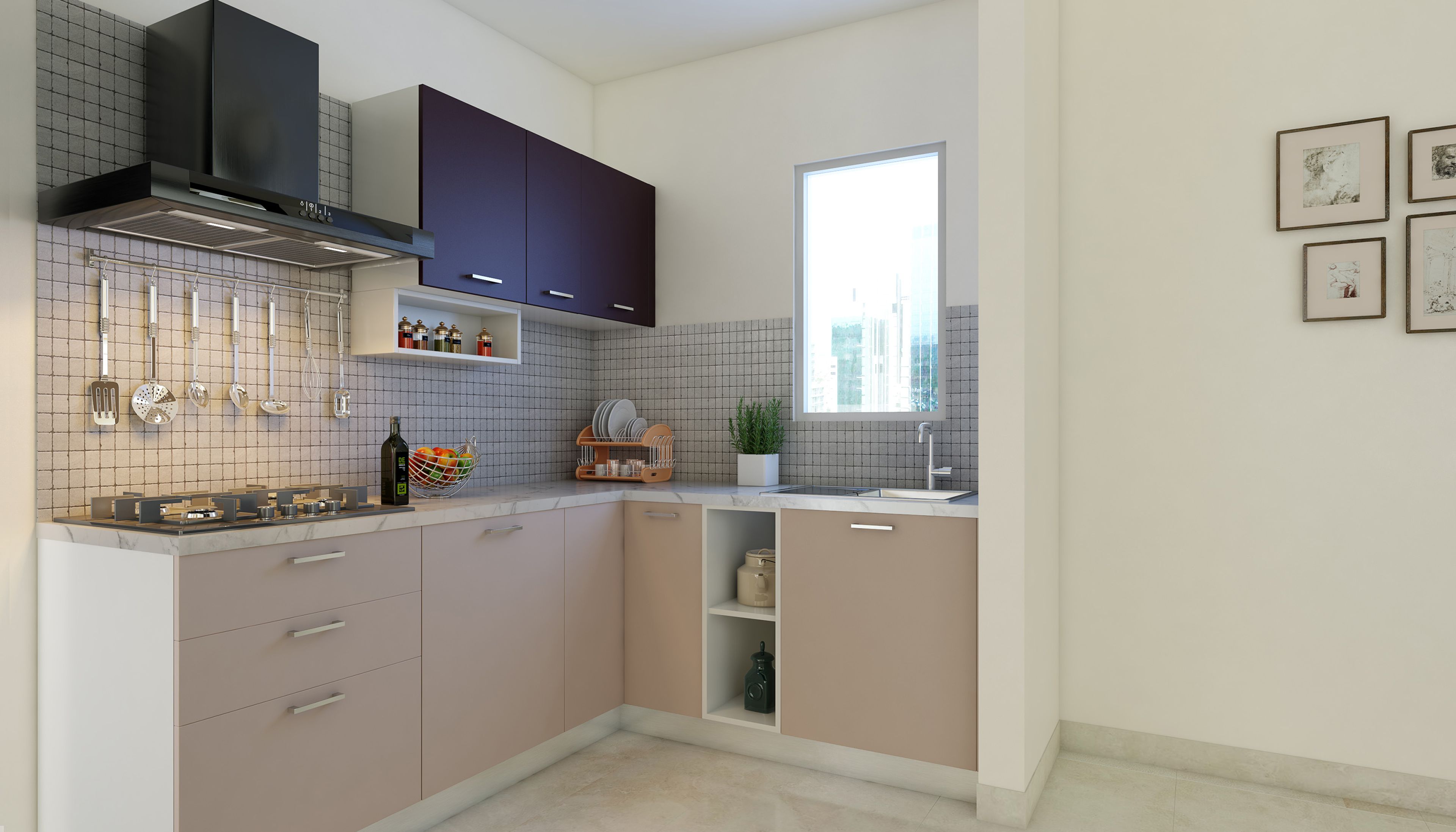 Light Beige and Kingfisher Blue L-Shaped Kitchen Design with Quartz Top