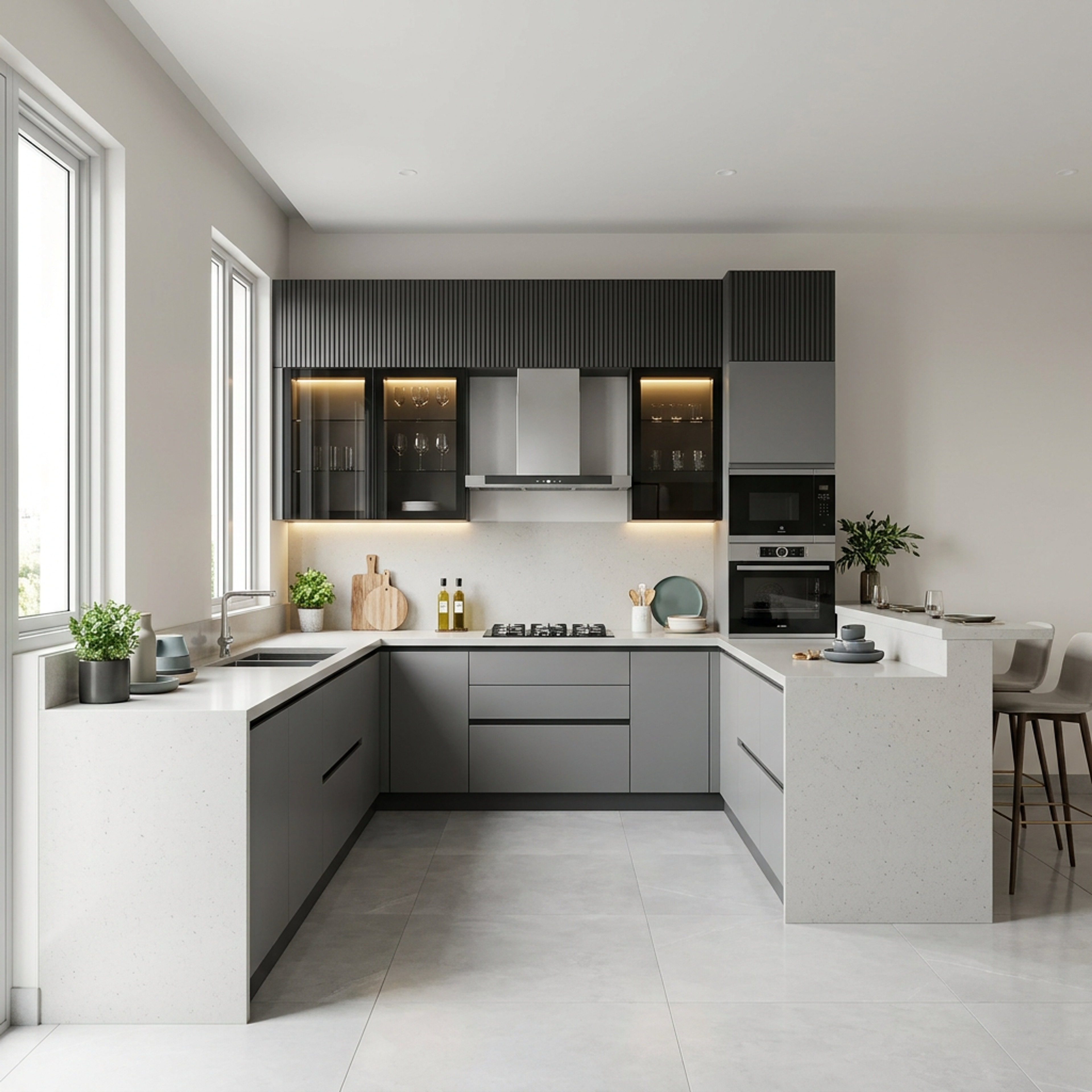 Modern U Shaped Kitchen Design with Gothic Grey and Fluted Cabinets