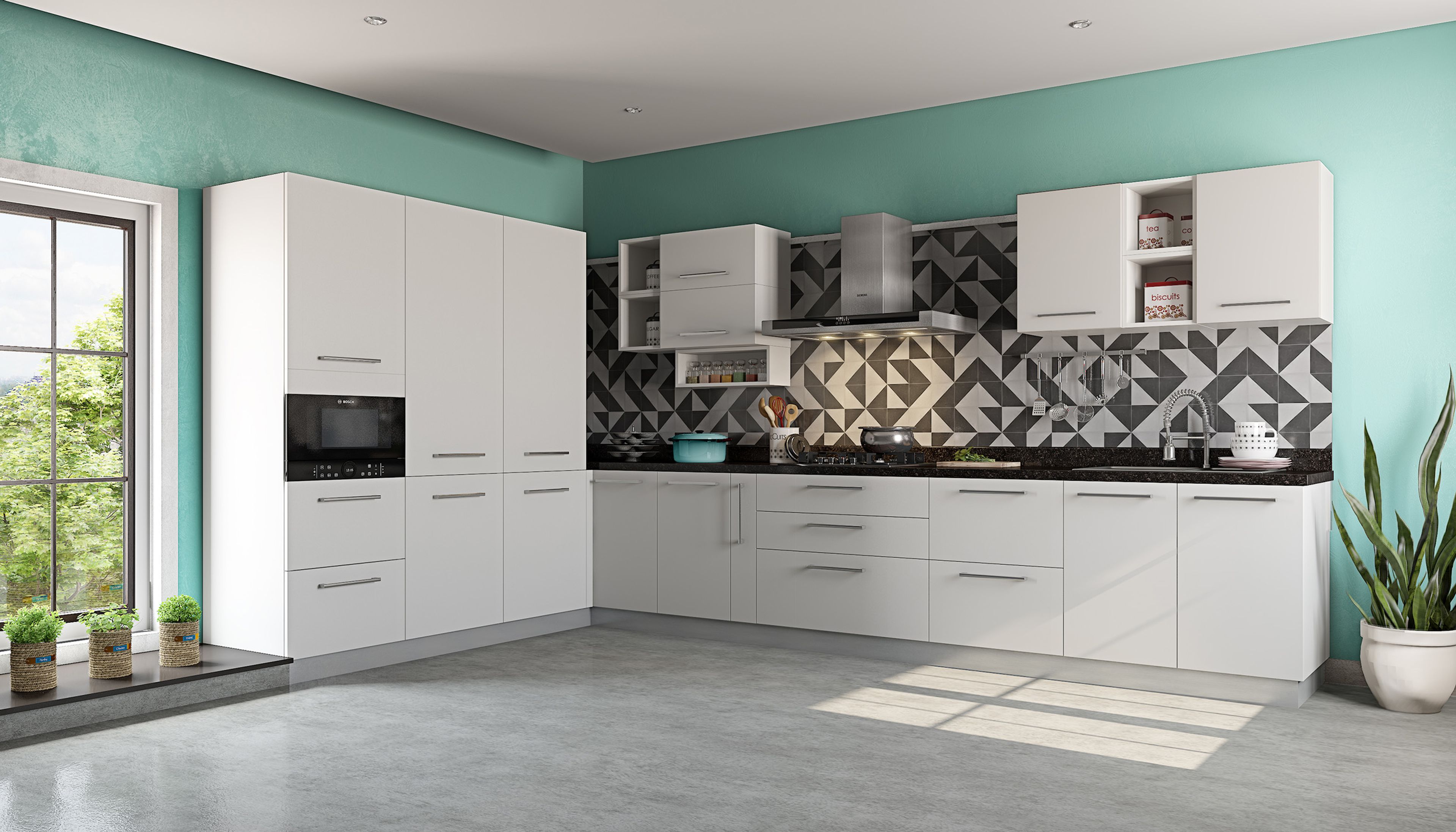 L-Shaped Kitchen Design with White and Teal Walls and Geometric Backsplash