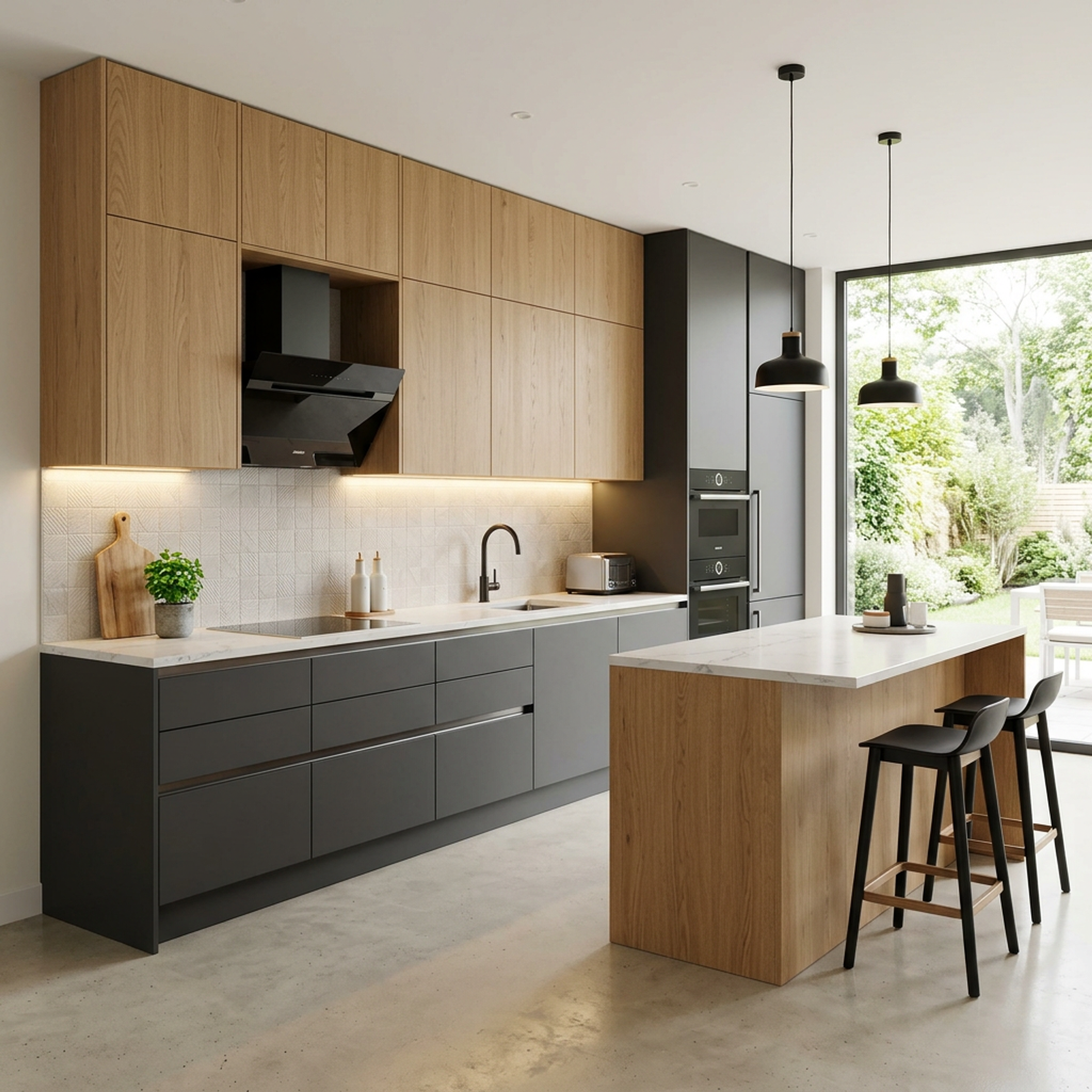 Island Kitchen Design with Gothic Grey and Teak Wood Cabinets