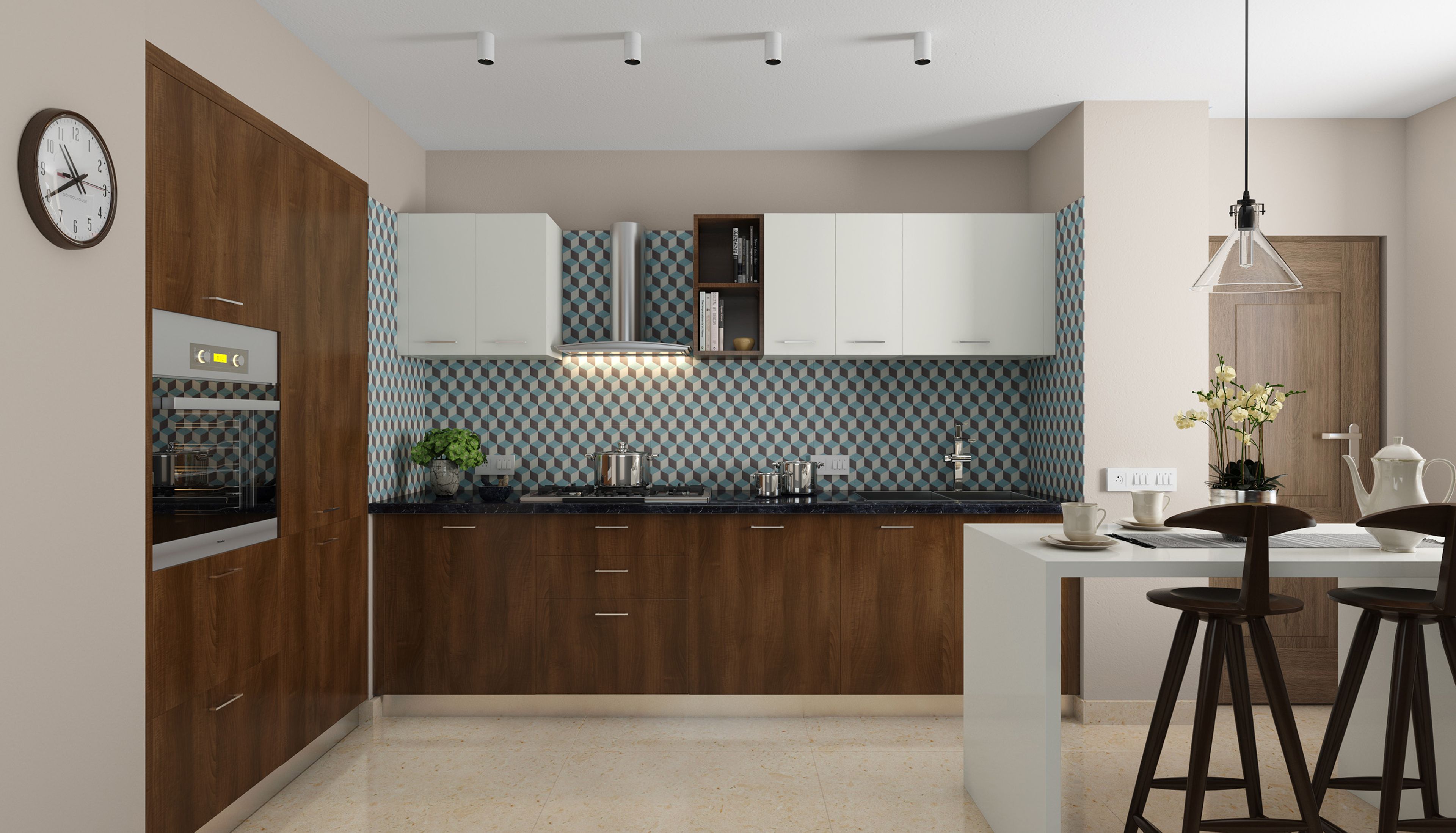 Walnut Bronze and White L-Shaped Kitchen Design with Island Setup