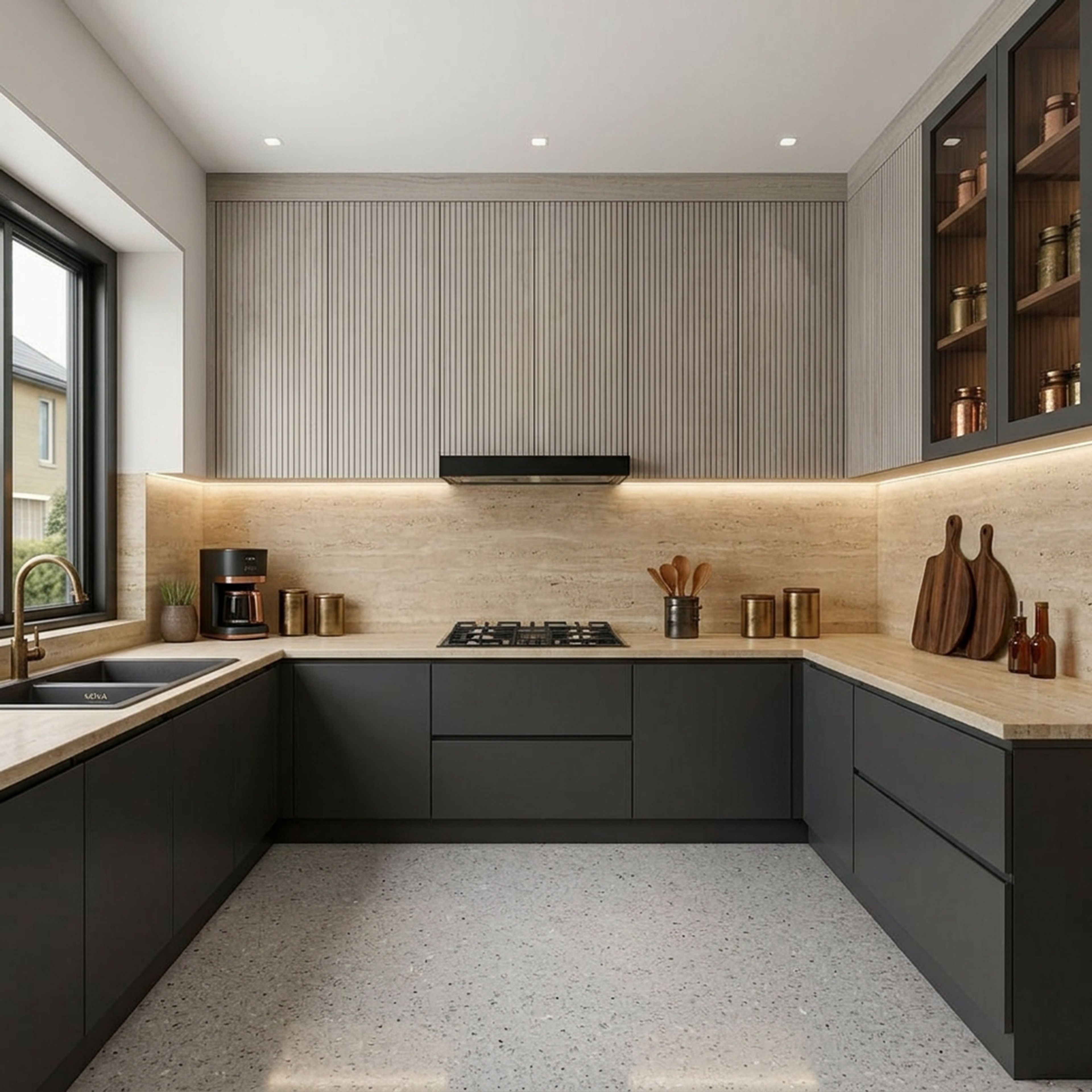 U-Shaped Kitchen Design with Charcoal Black and Acacia Flutes