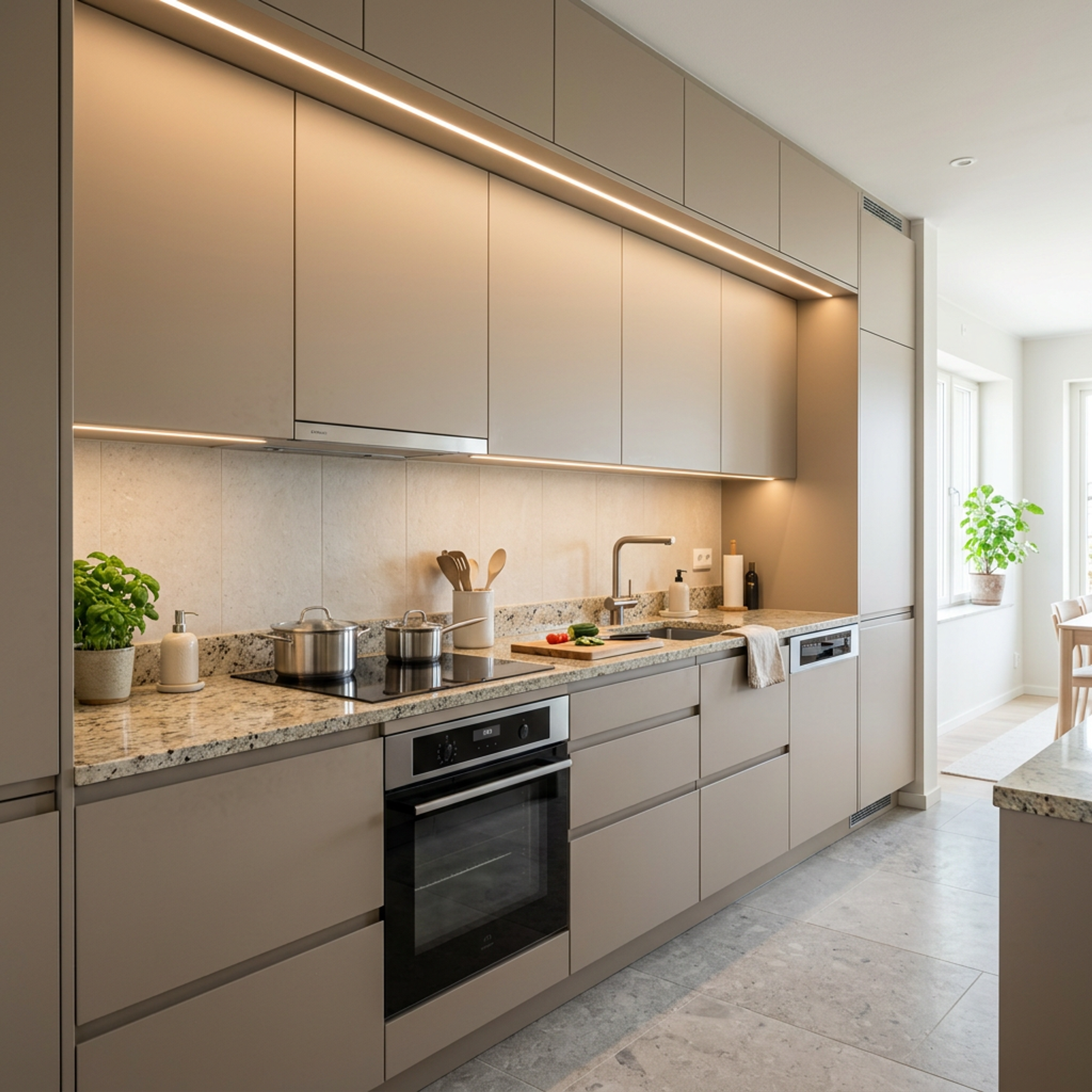 Open Kitchen Design with Taupe Cabinets and Granite Countertops