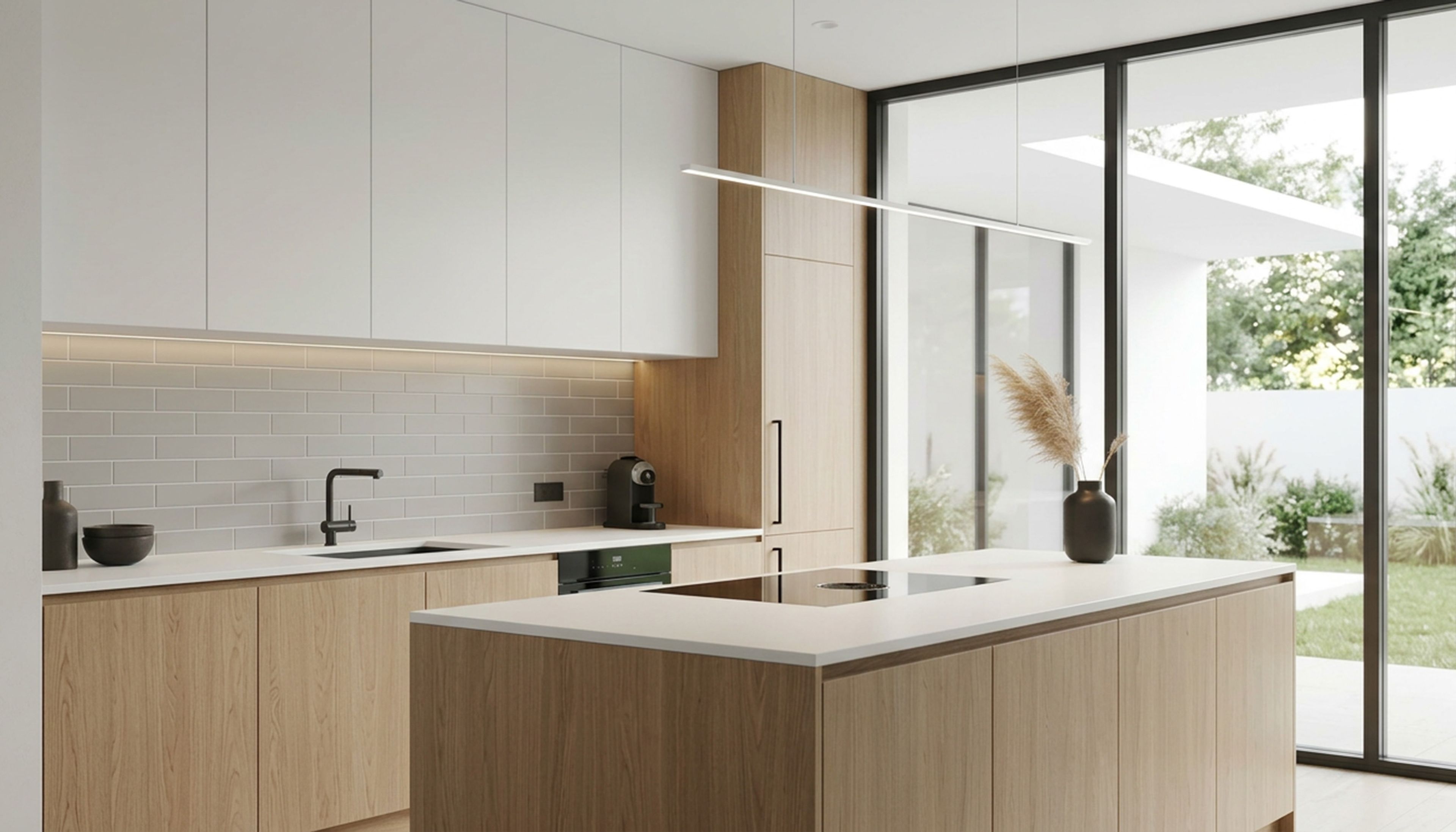Minimal Walnut and White Island Kitchen Design with Quartz Top