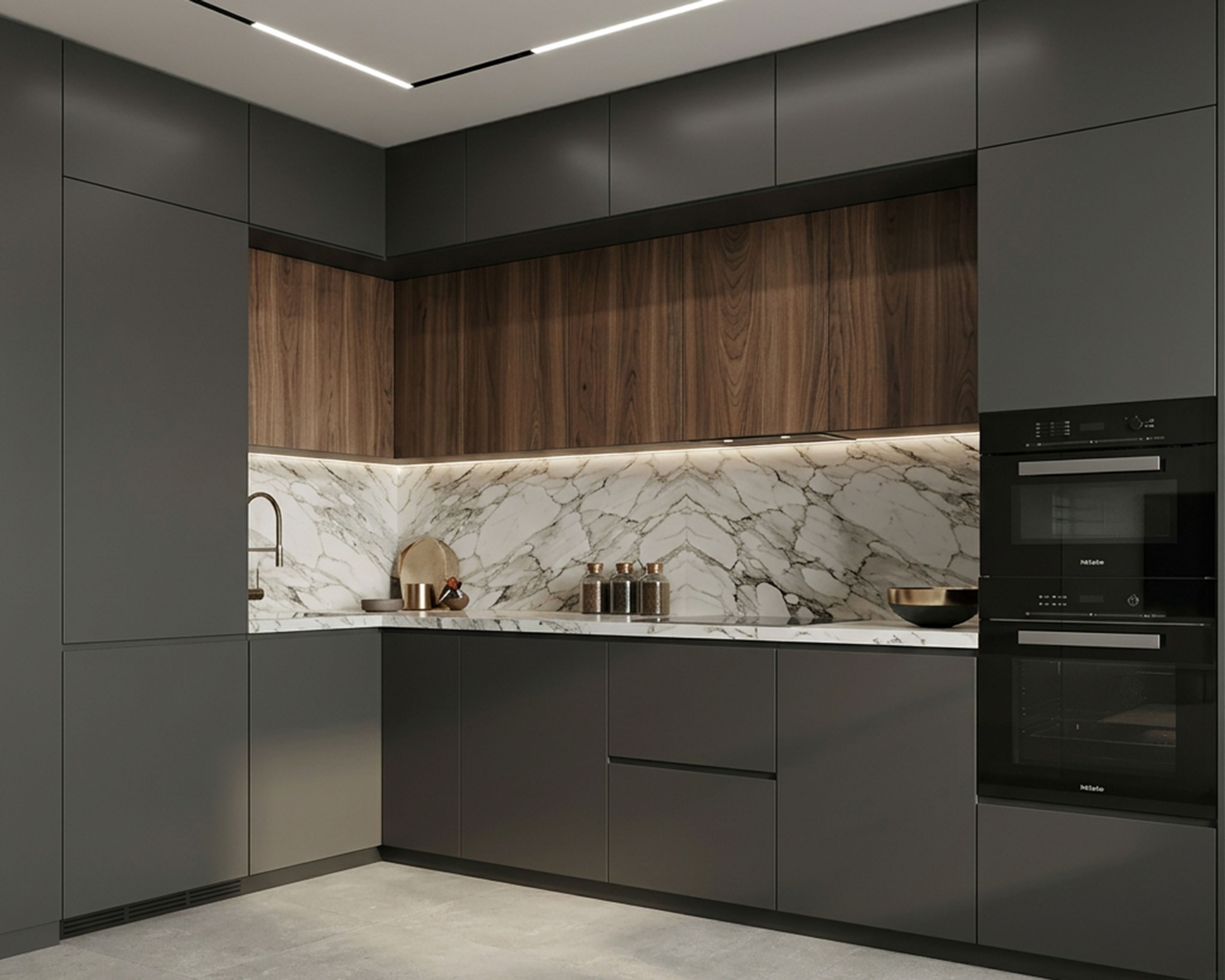 L-Shaped Kitchen Design with Slate Cabinets and Marble Countertops