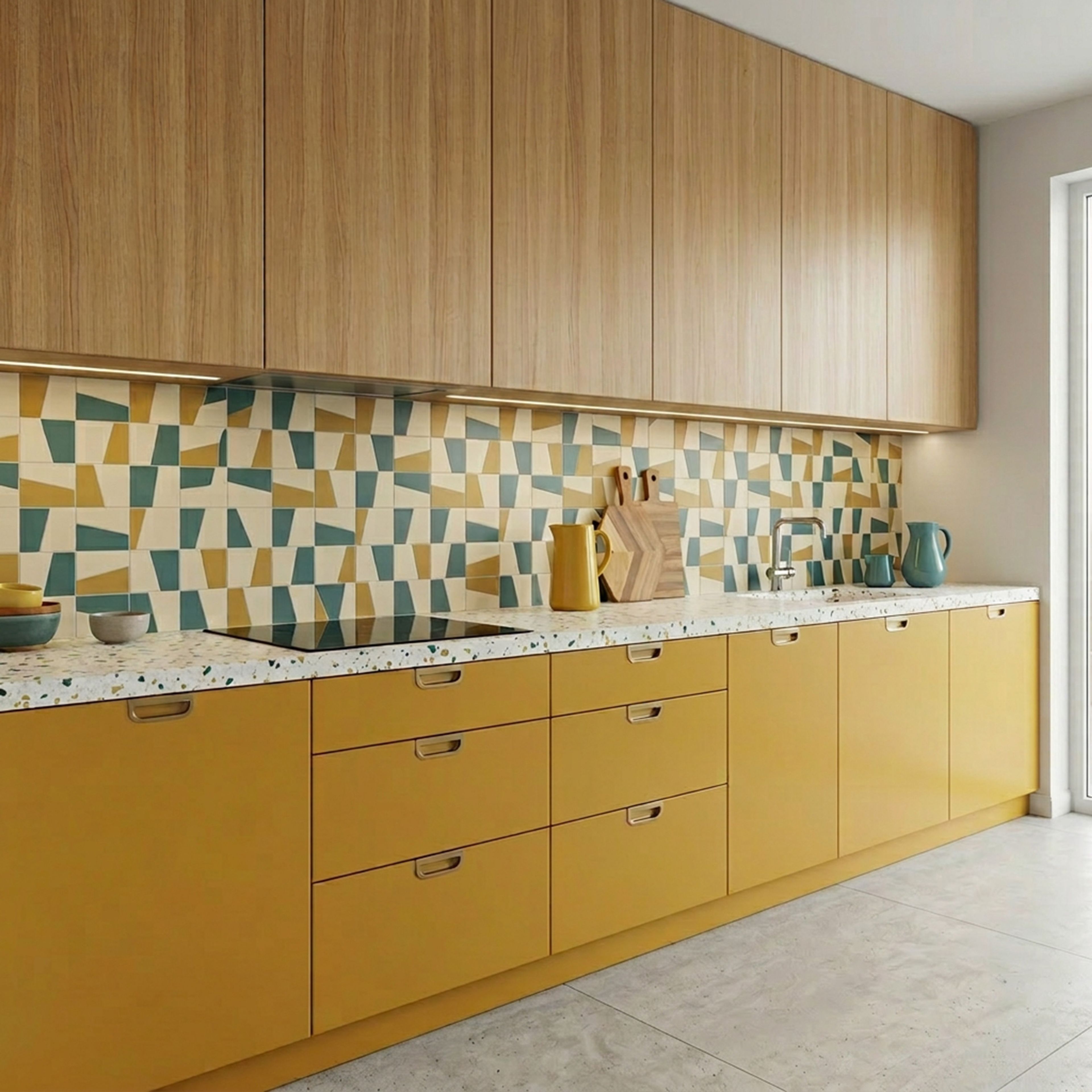 Straight Kitchen Design with Mustard Yellow and Teak Wood Cabinets