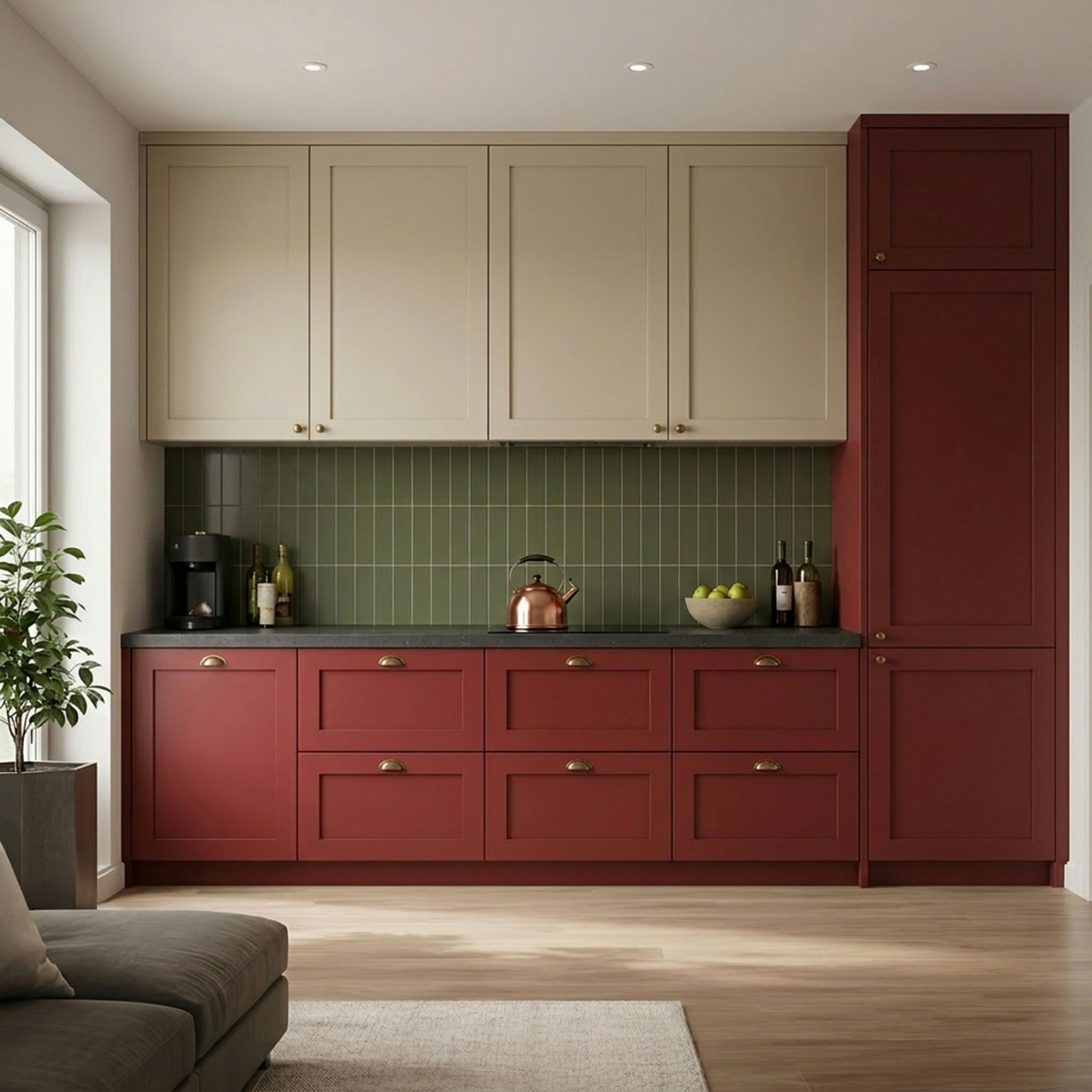 Burgundy and Greige Straight Kitchen Design with Green Tile Backsplash