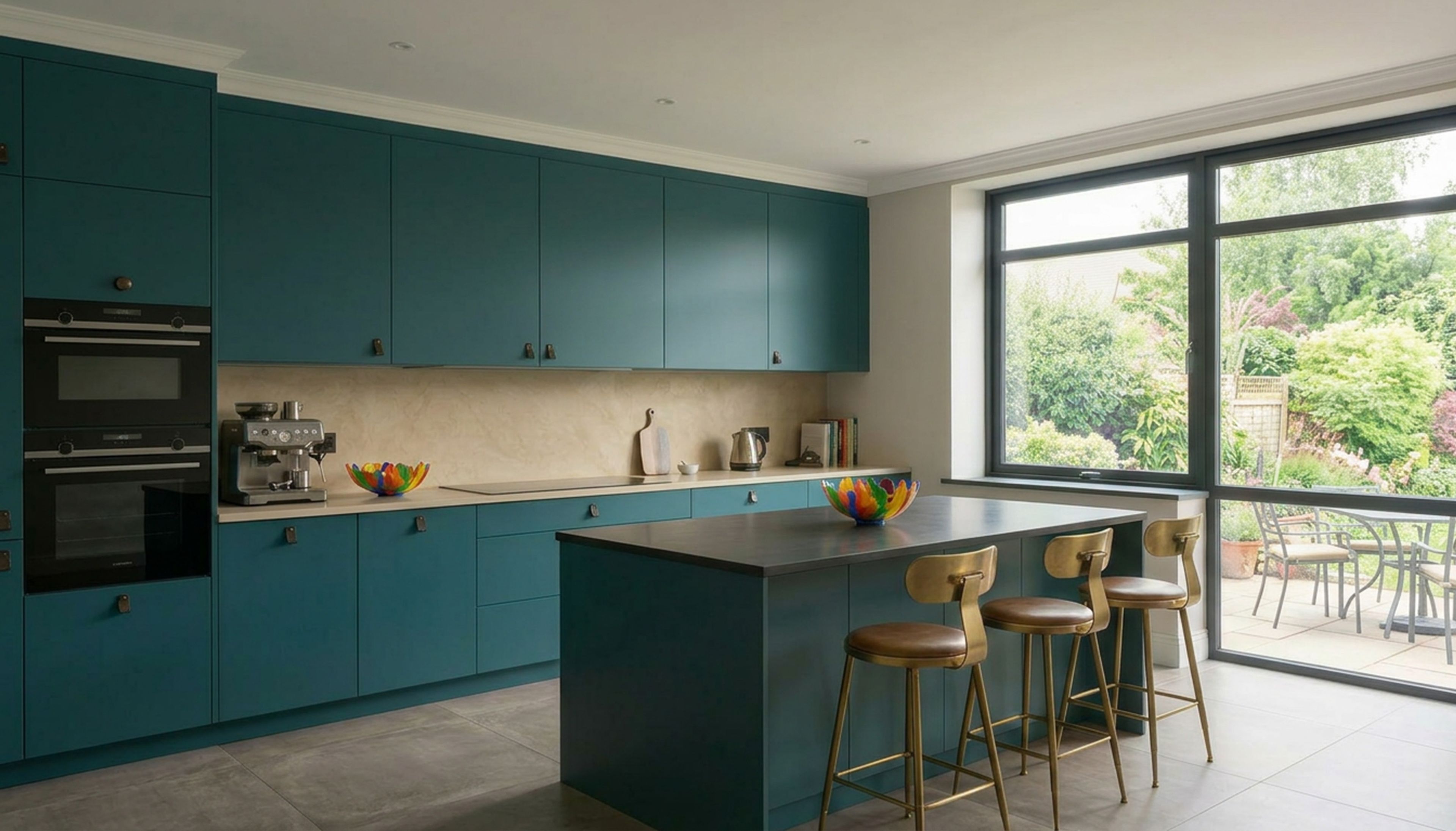 Island Kitchen Design with Deep Teal Cabinets and Corian Counters