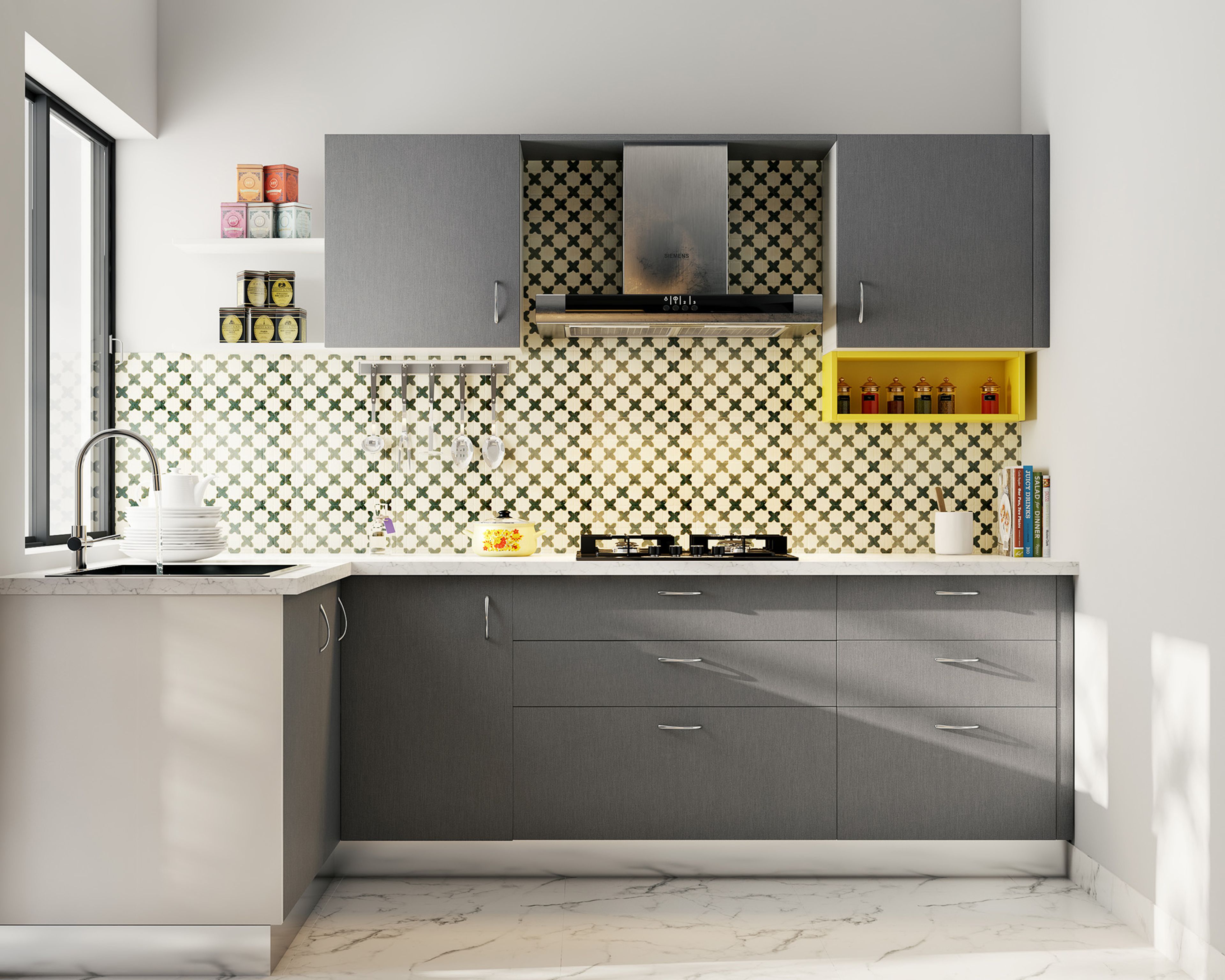 L-Shaped Kitchen Design with Steel Cabinets and Quatrefoil Backsplash