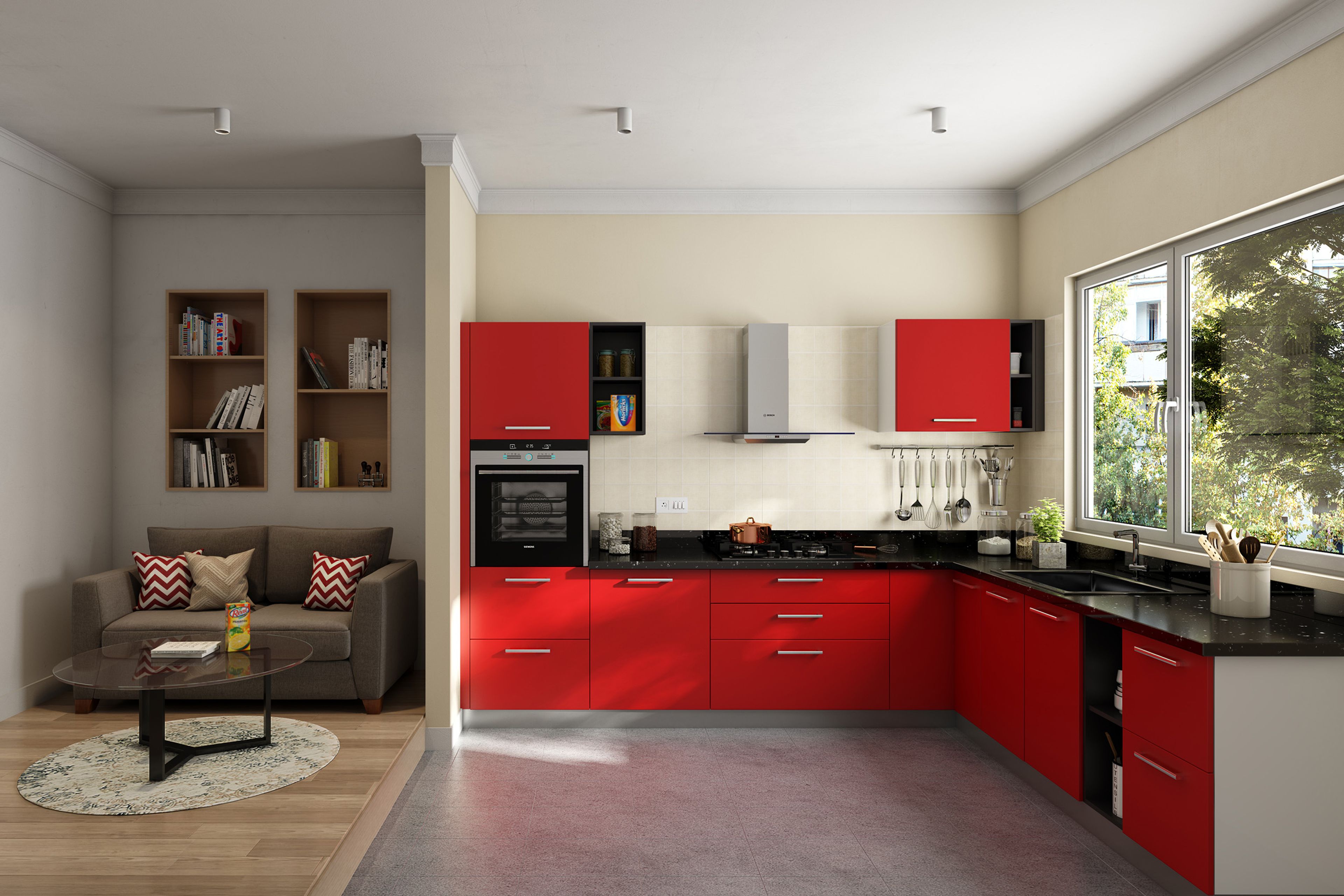 L-Shaped Kitchen Design with Cardinal Red and Grey Cabinets