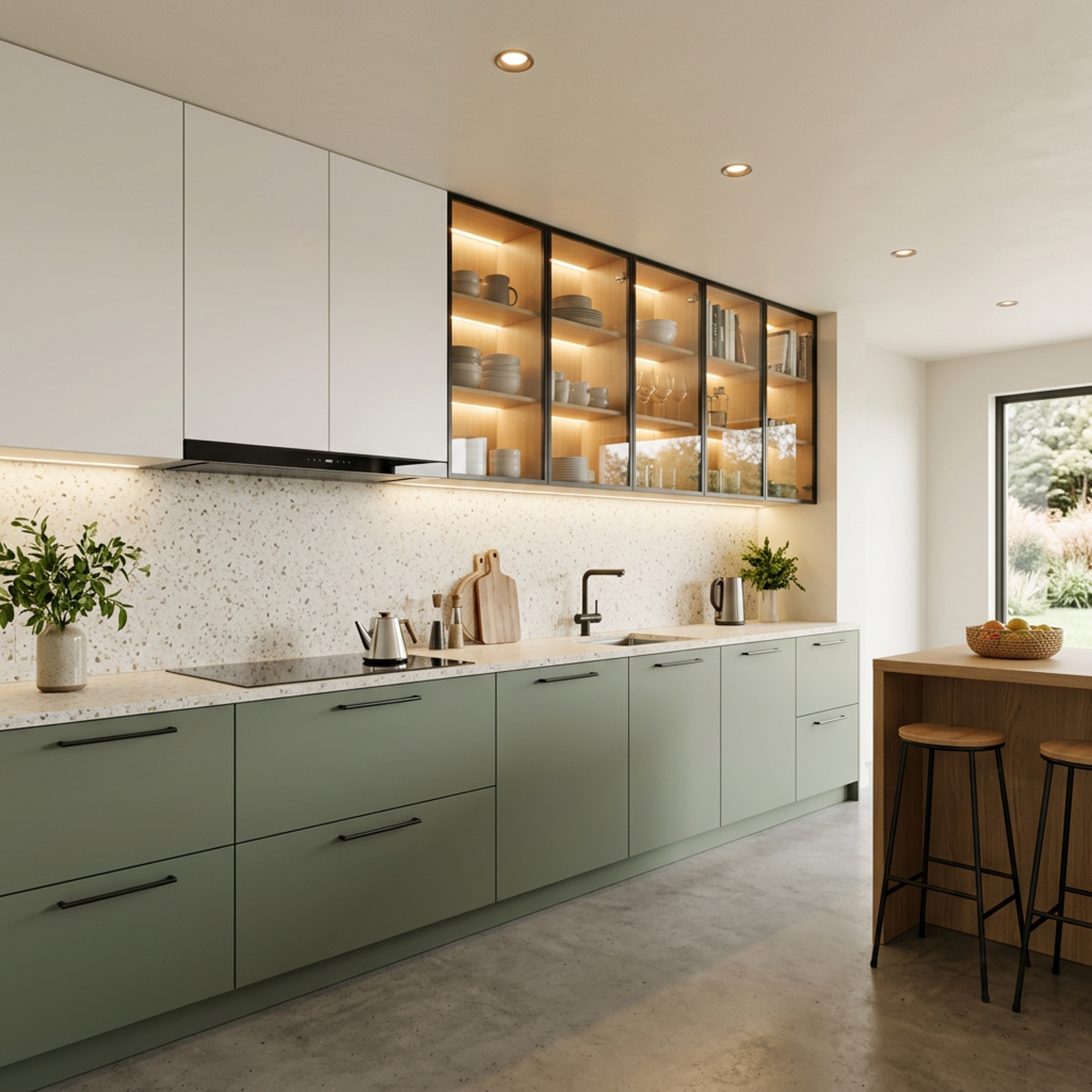 Sage Green and White Modern Open Kitchen Design with Marble Countertops