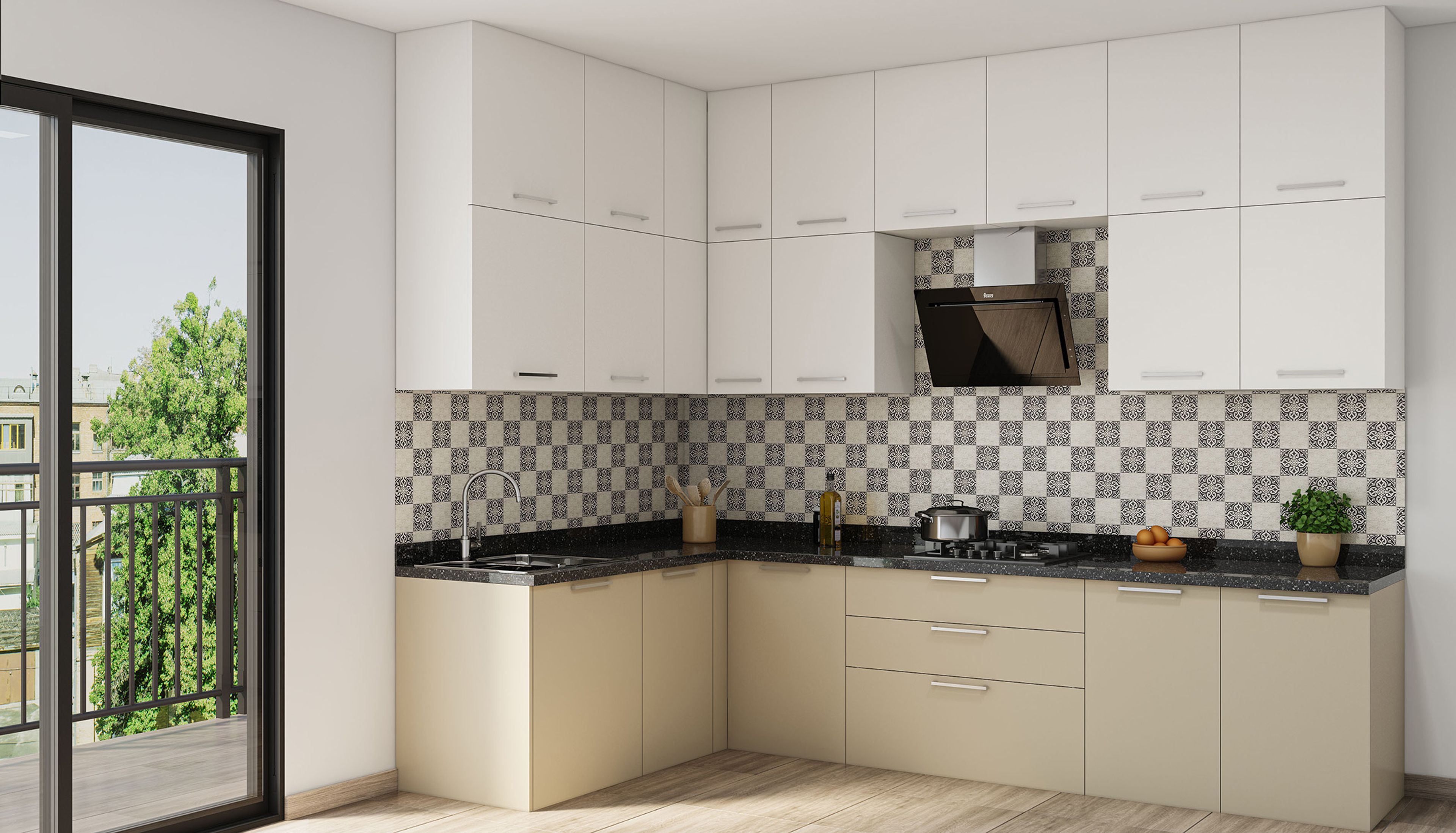Cream and White L-Shaped Kitchen Design with Checkered Backsplash