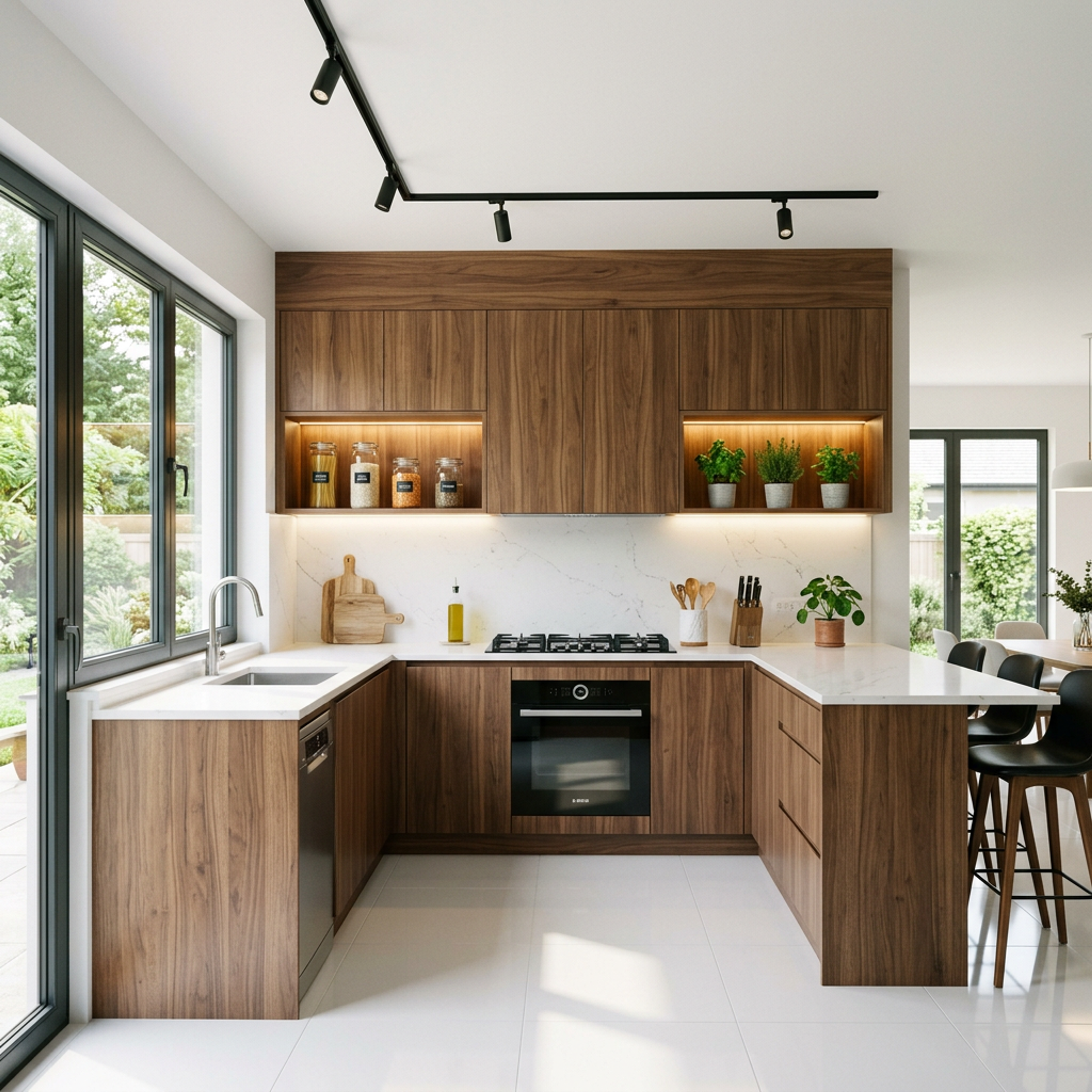 U Shaped Kitchen Design with Walnut Bronze Cabinets and Bar