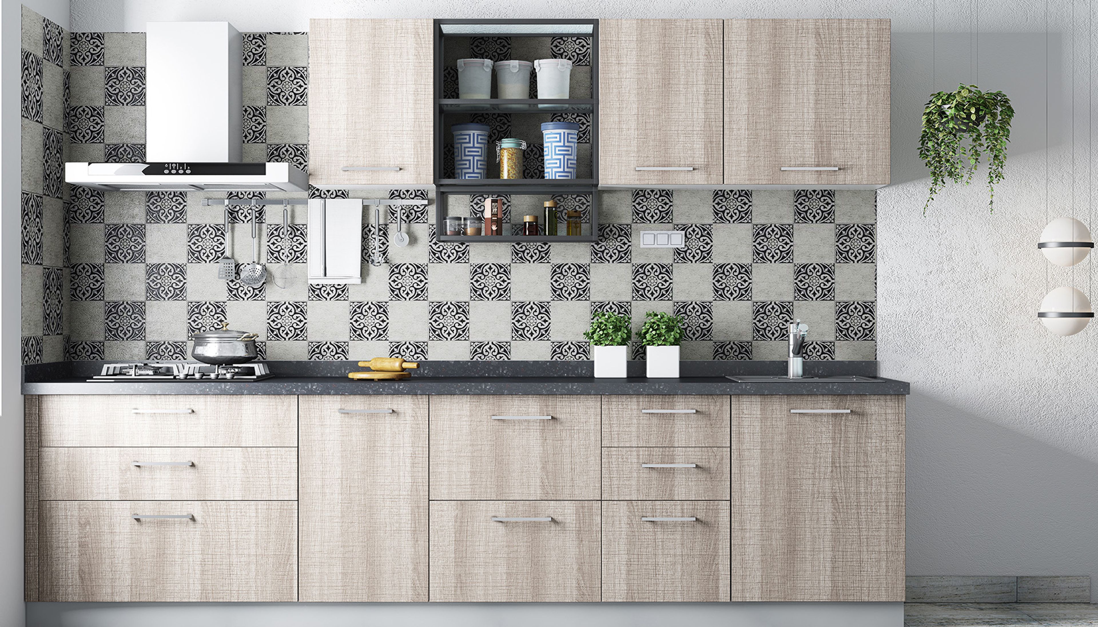 Straight Kitchen Design with Light Woodgrain Cabinets and Graphic Backsplash