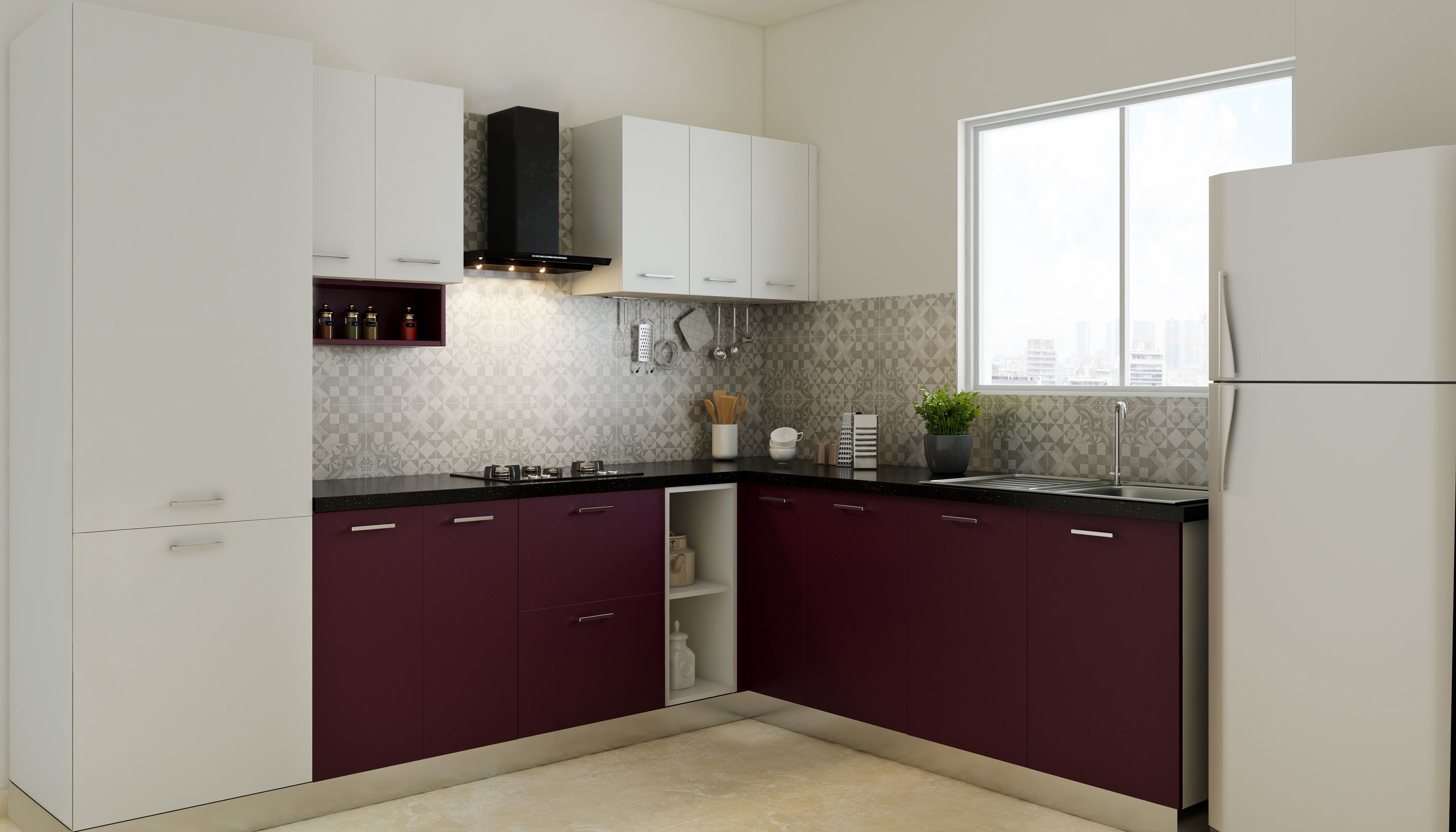 Black Current and White L-Shaped Kitchen Design with Granite Top