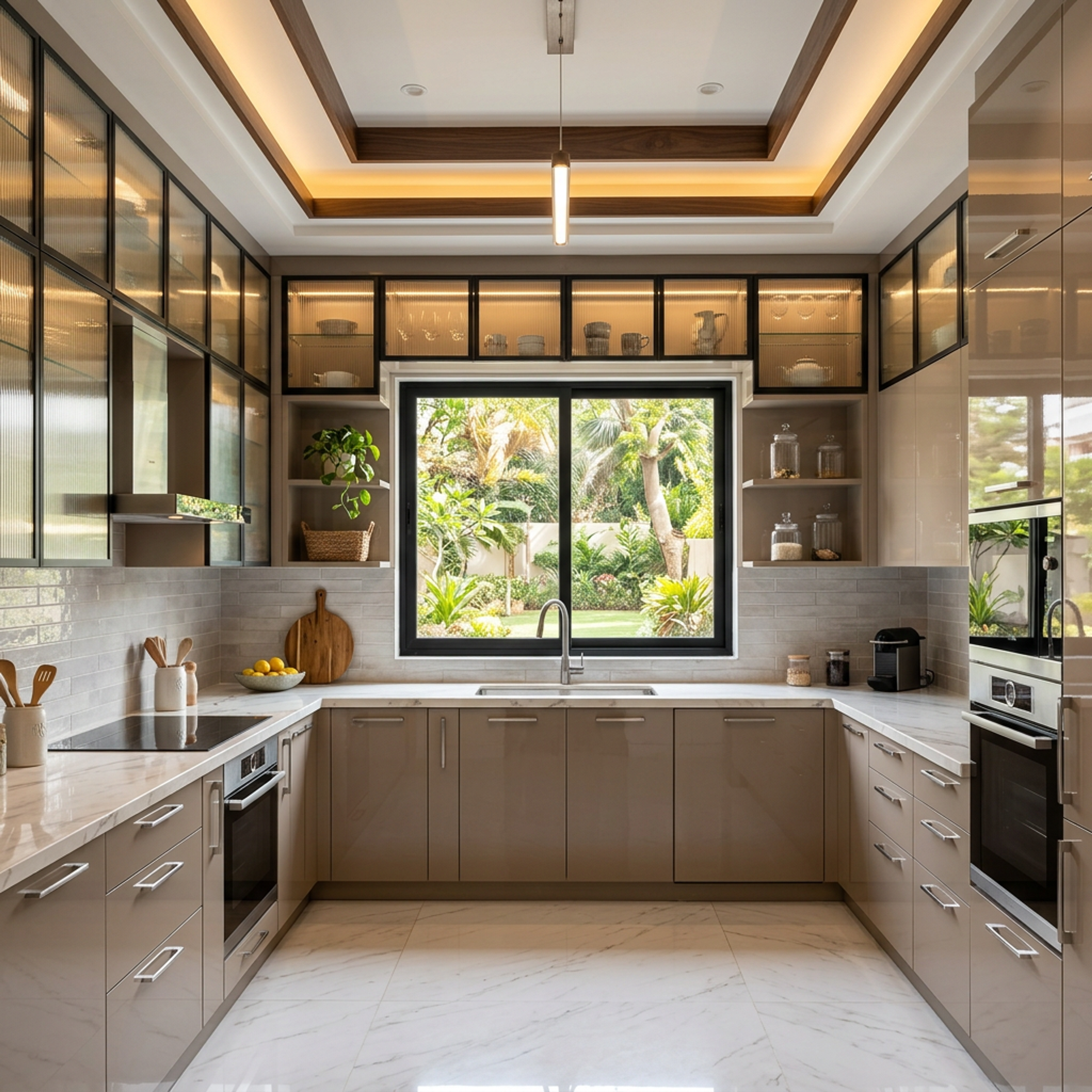 U Shaped Kitchen Design with Reeded Glass and Backlit Shelves
