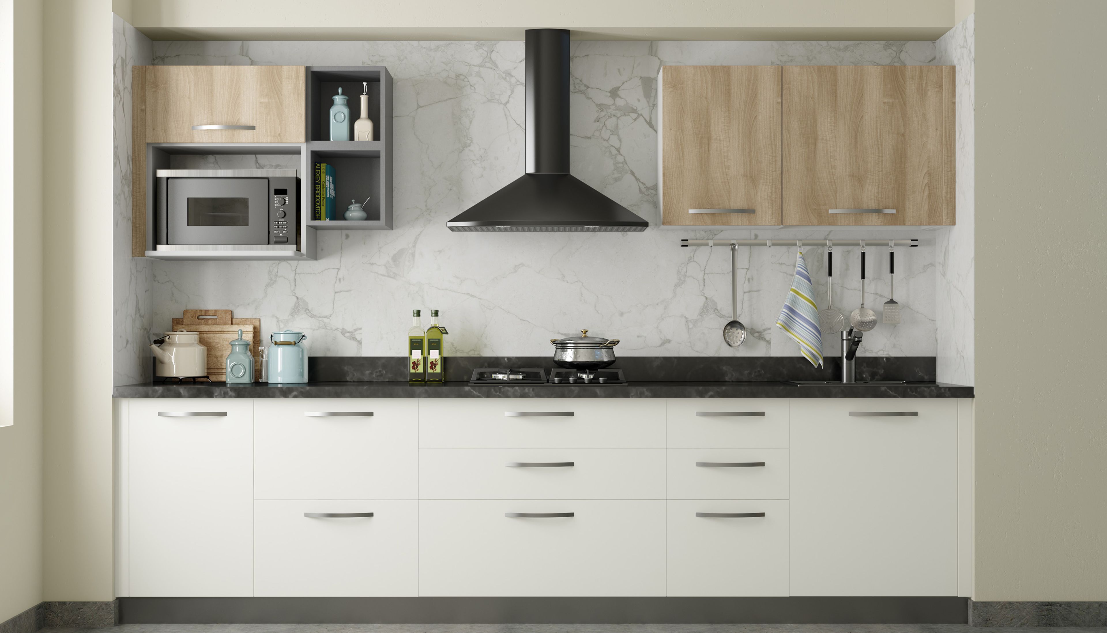 Straight Kitchen Design with Off White Cabinets and Wood Accents