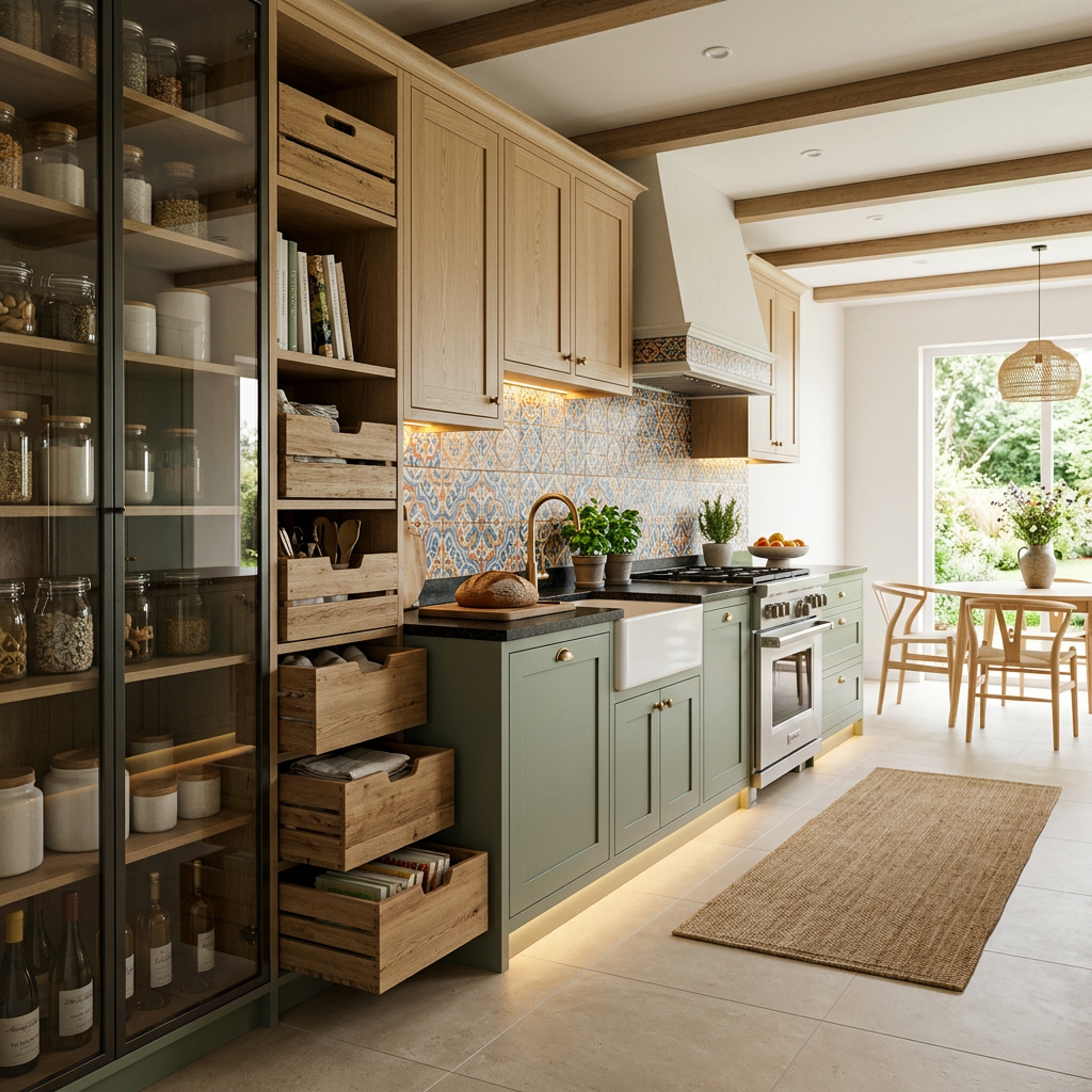 Sage Green and Walnut Bronze Open Kitchen Design with Granite Top