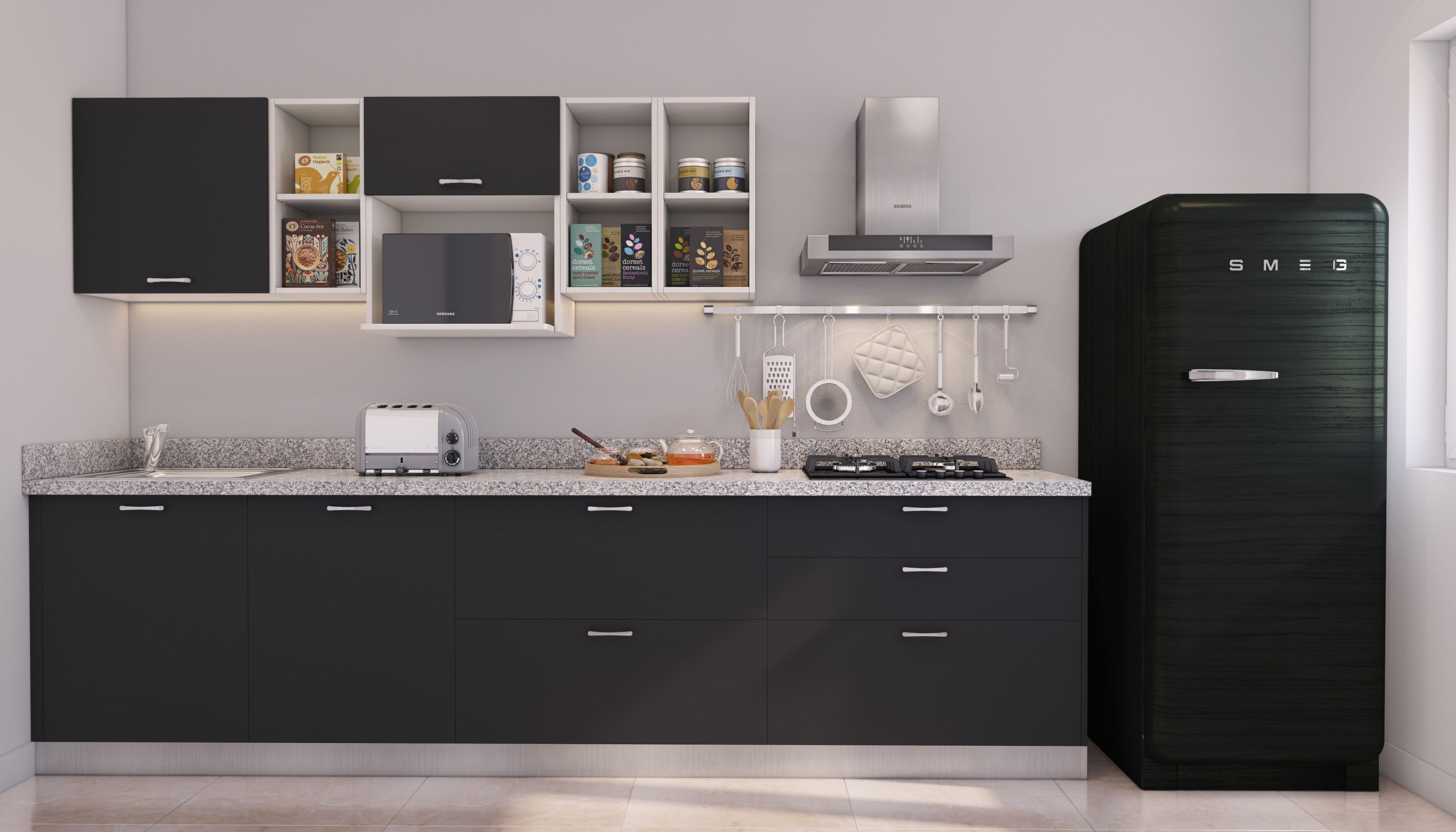 Straight Kitchen Design with Slate and White Cabinets and Retro Smeg Fridge
