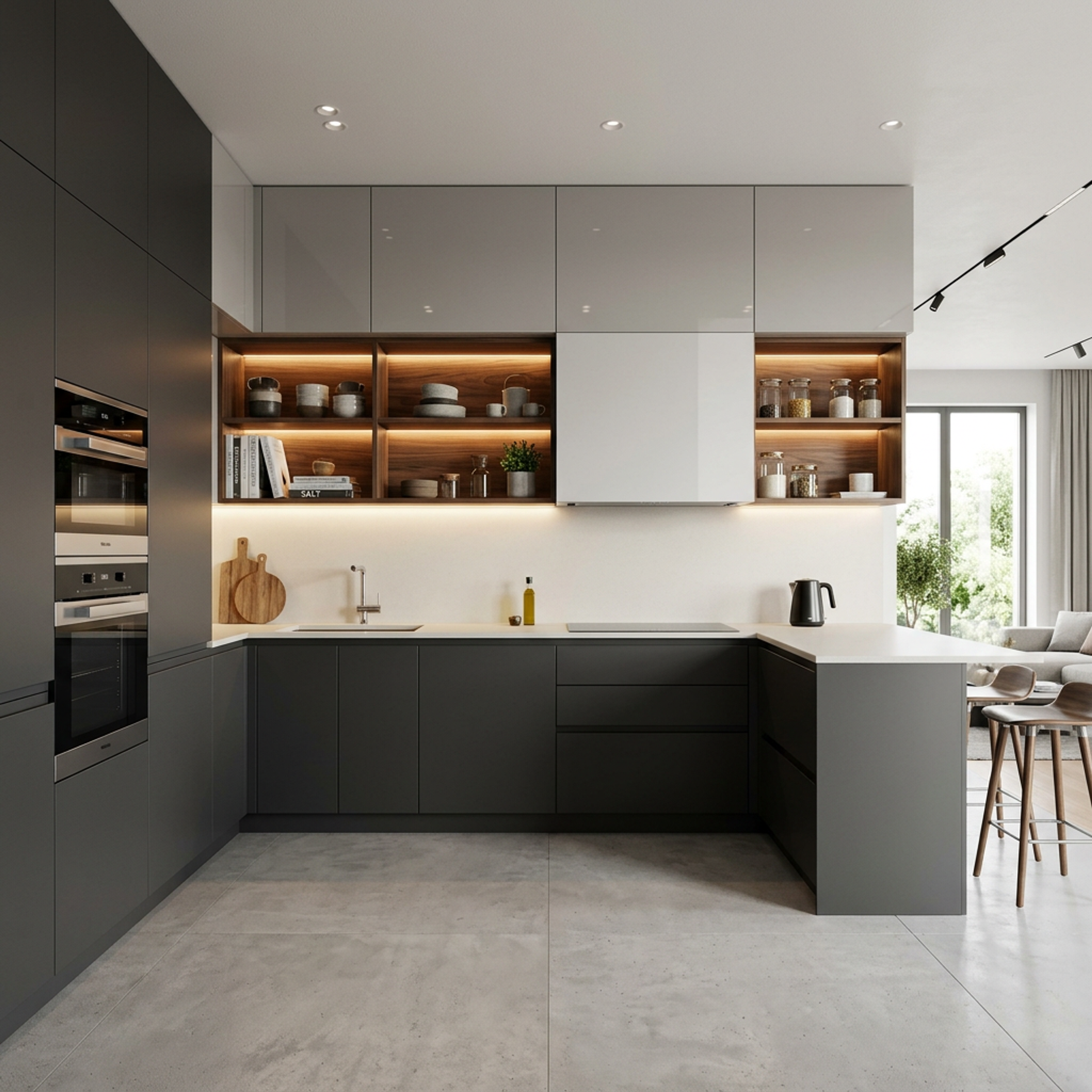 U-Shaped Kitchen Design with Grey Cabinets and Quartz Countertop