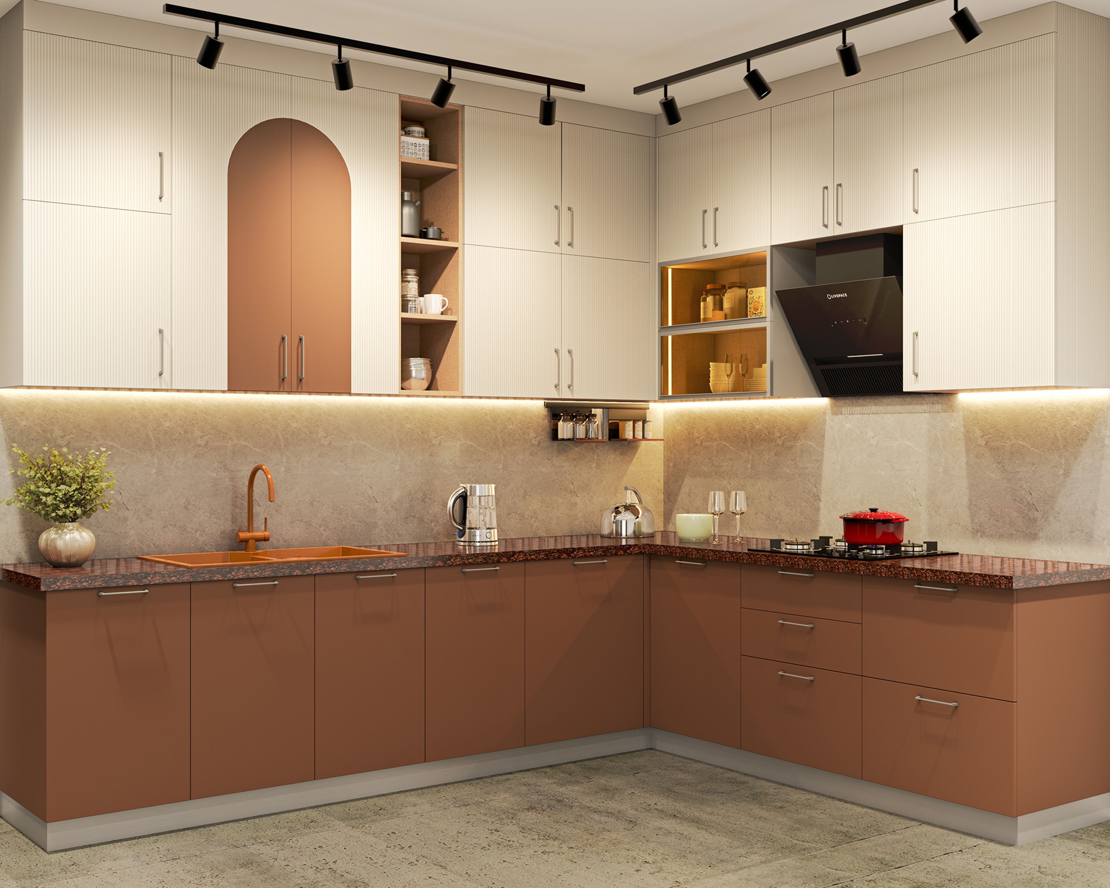 L-Shaped Kitchen Design with Brown and Cream Cabinets